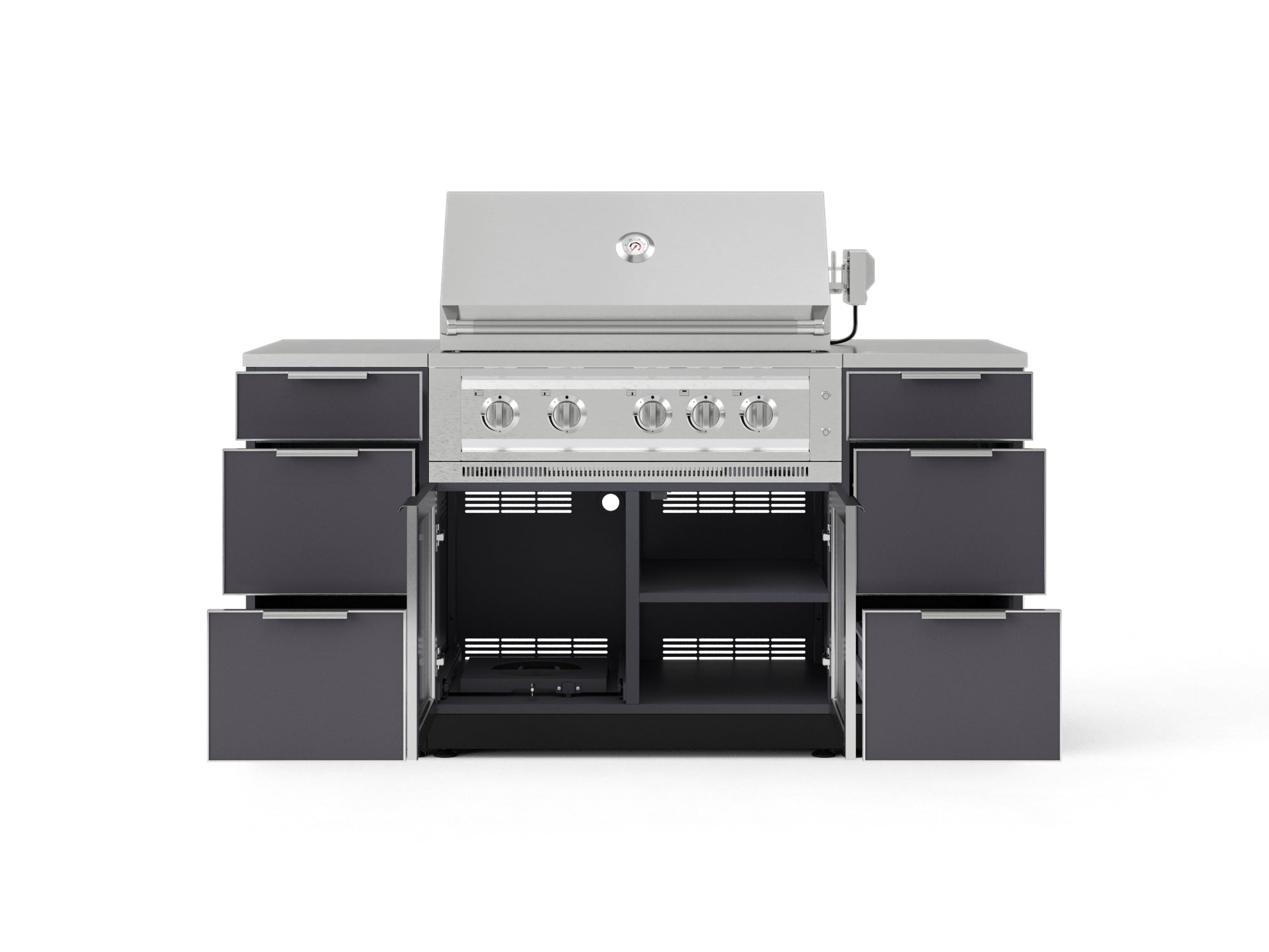 Outdoor Grill Island Aluminum 6 Piece Cabinet Set with 3 Drawers, Grill Cabinet, Platinum Grill and Countertops