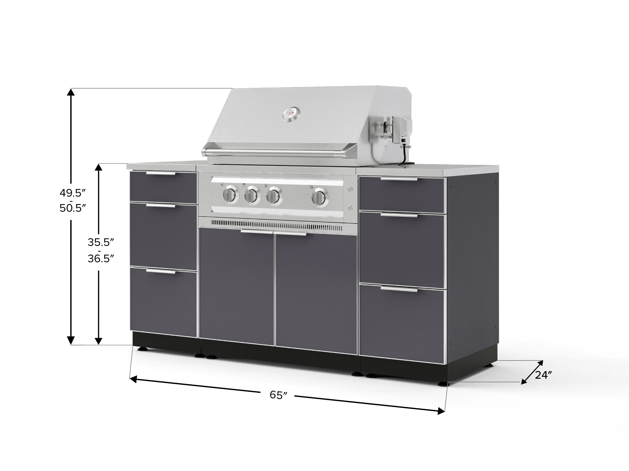 Outdoor Grill Island Aluminum 6 Piece Cabinet Set with 3 Drawers, Grill Cabinet, Platinum Grill and Countertops
