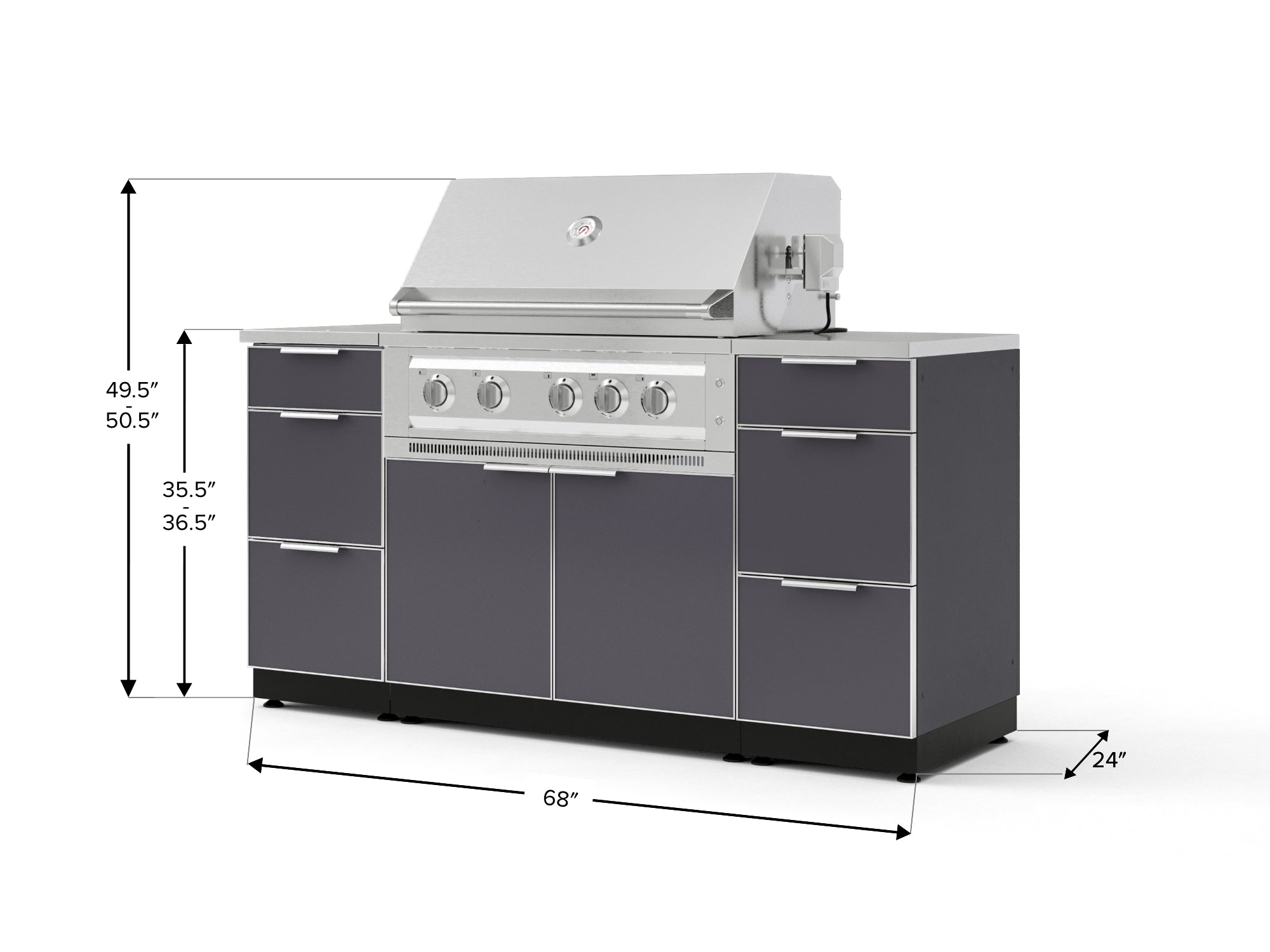 Outdoor Grill Island Aluminum 6 Piece Cabinet Set with 3 Drawers, Grill Cabinet, Platinum Grill and Countertops