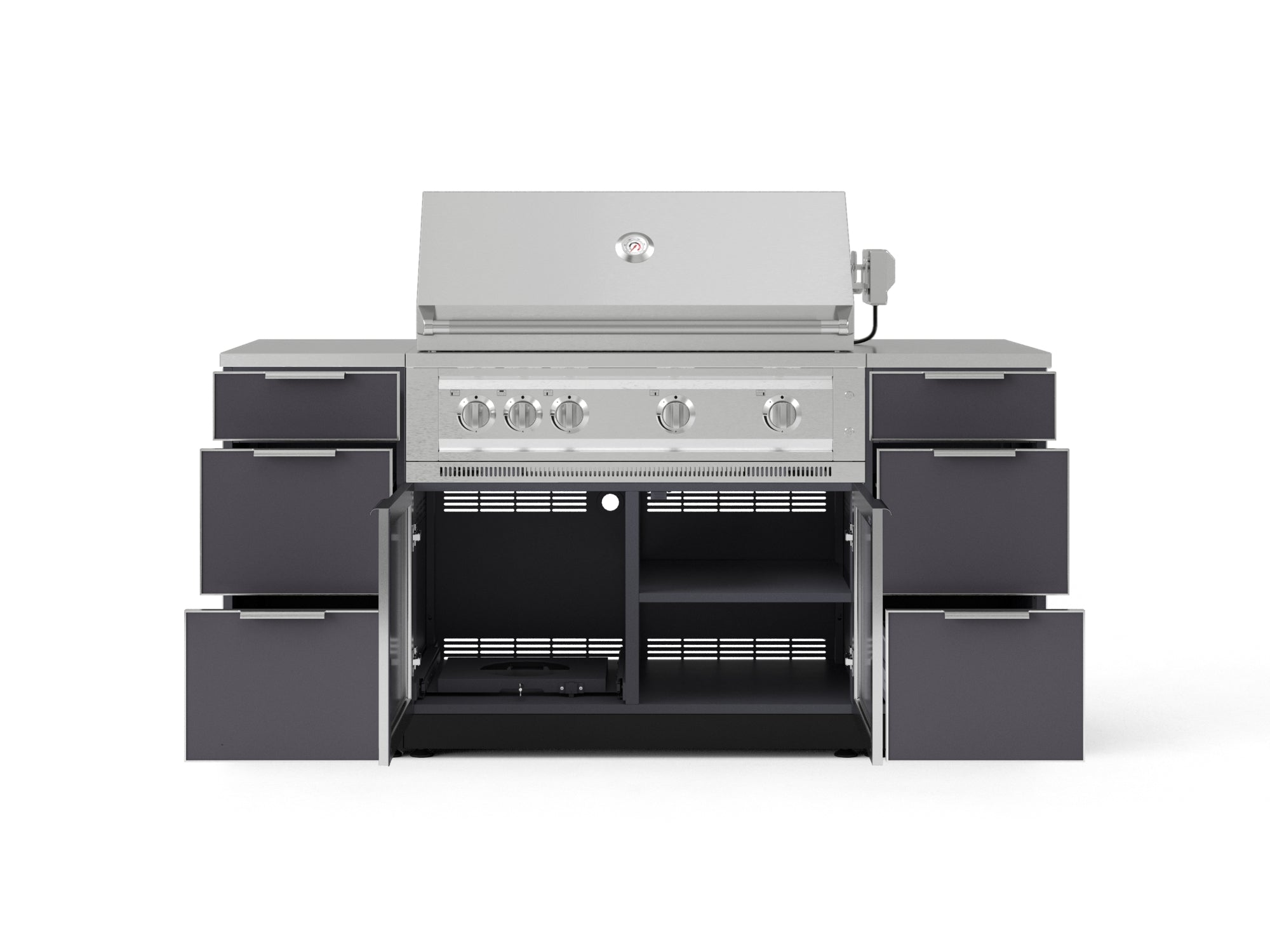 Outdoor Grill Island Aluminum 6 Piece Cabinet Set with 3 Drawers, Grill Cabinet, Platinum Grill and Countertops