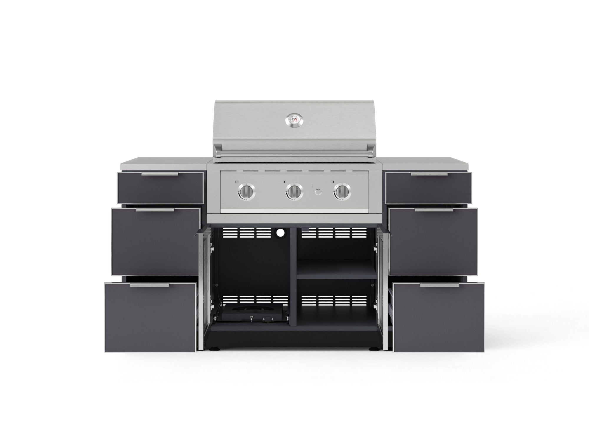 Outdoor Grill Island Aluminum 6 Piece Cabinet Set with 3 Drawers, Grill Cabinet, Performance Grill and Countertops