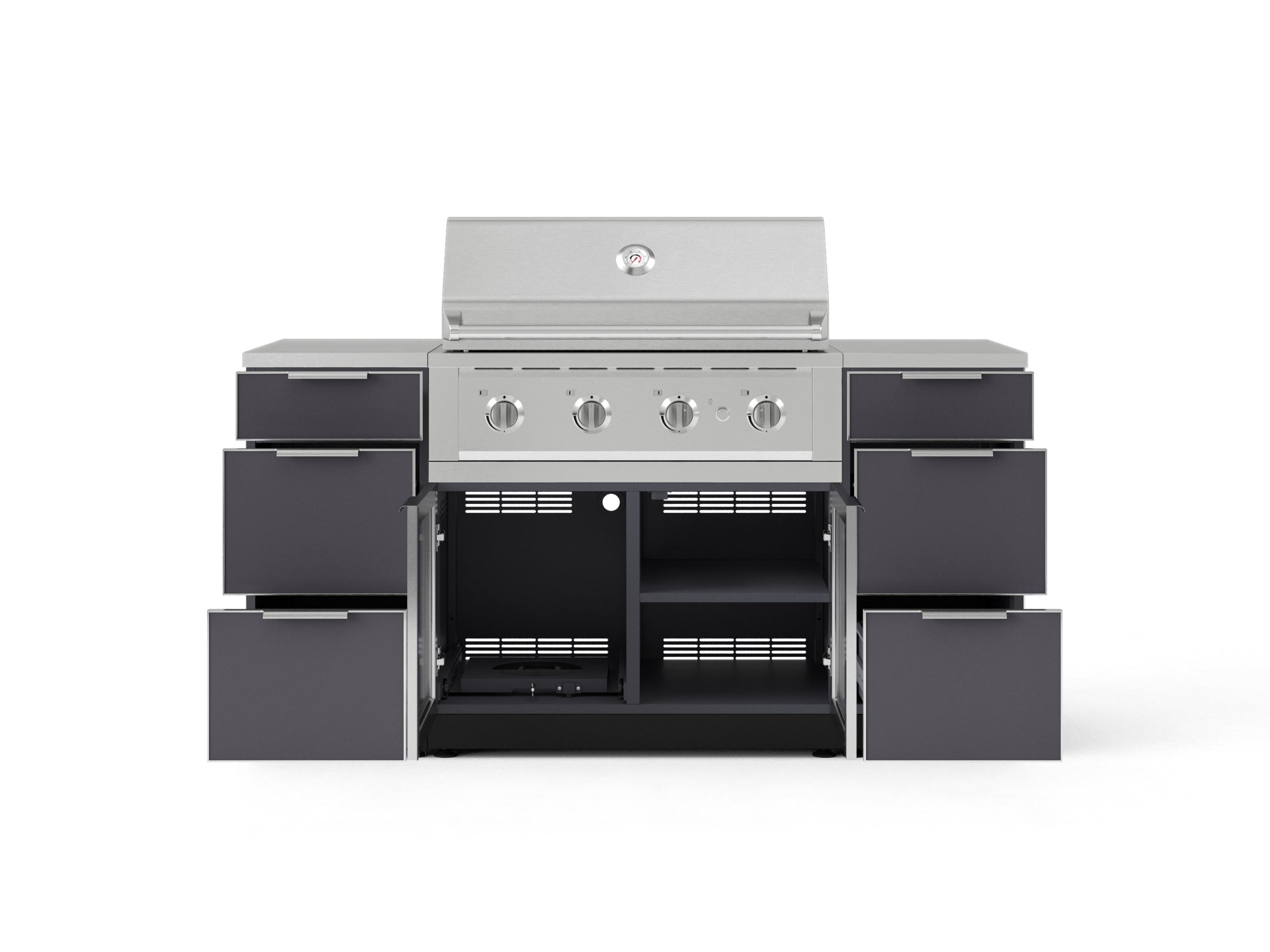 Outdoor Grill Island Aluminum 6 Piece Cabinet Set with 3 Drawers, Grill Cabinet, Performance Grill and Countertops