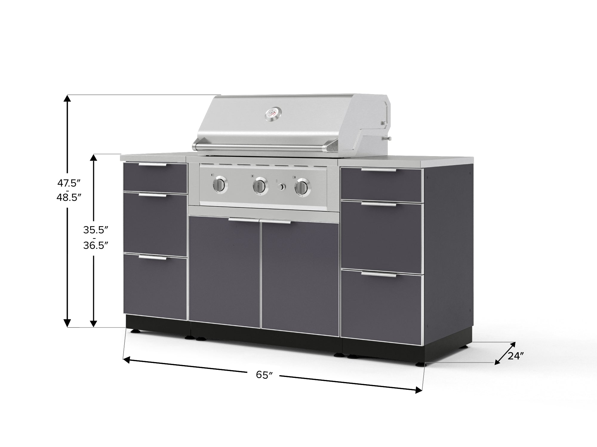 Outdoor Grill Island Aluminum 6 Piece Cabinet Set with 3 Drawers, Grill Cabinet, Performance Grill and Countertops