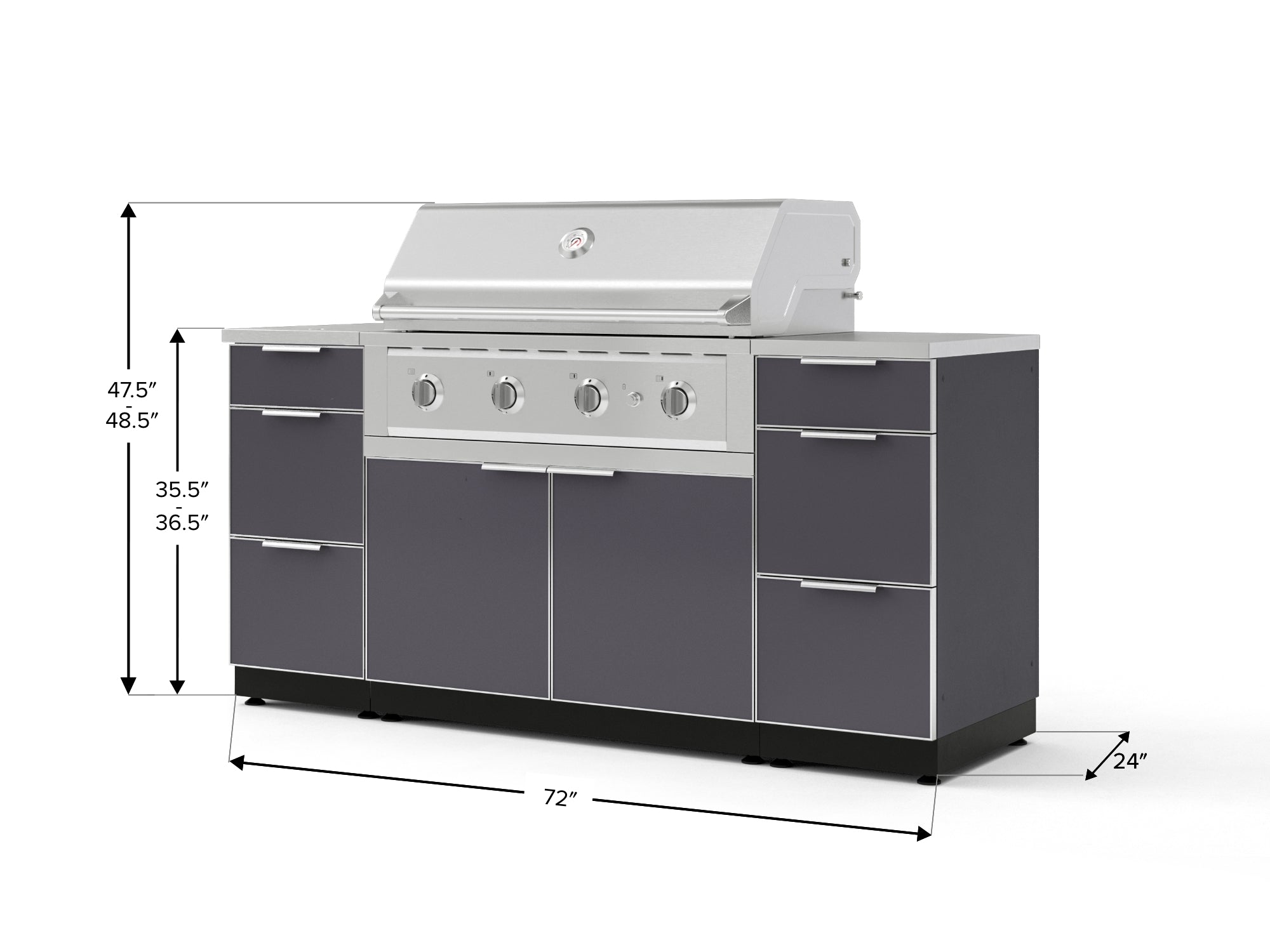 Outdoor Grill Island Aluminum 6 Piece Cabinet Set with 3 Drawers, Grill Cabinet, Performance Grill and Countertops