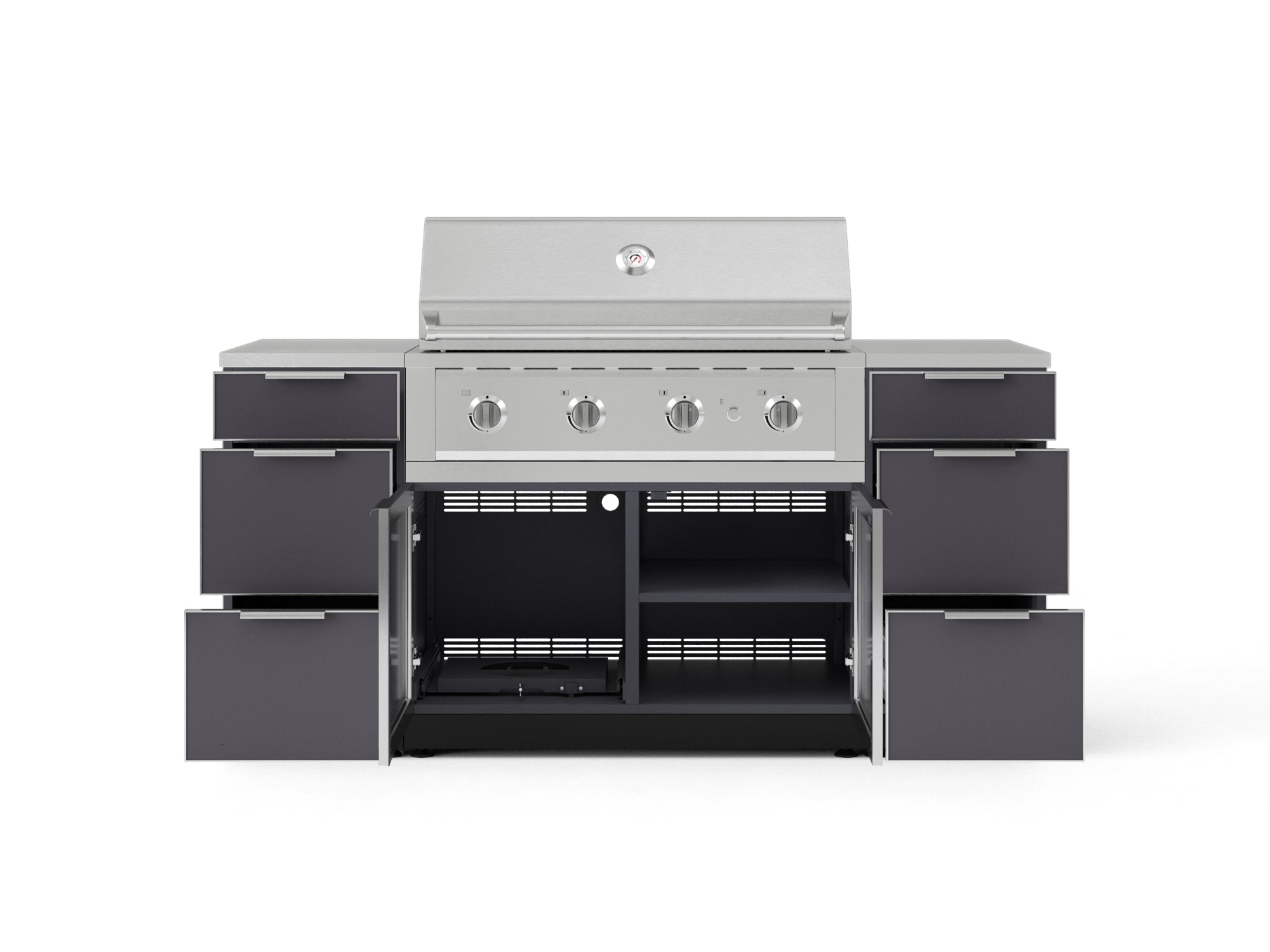 Outdoor Grill Island Aluminum 6 Piece Cabinet Set with 3 Drawers, Grill Cabinet, Performance Grill and Countertops