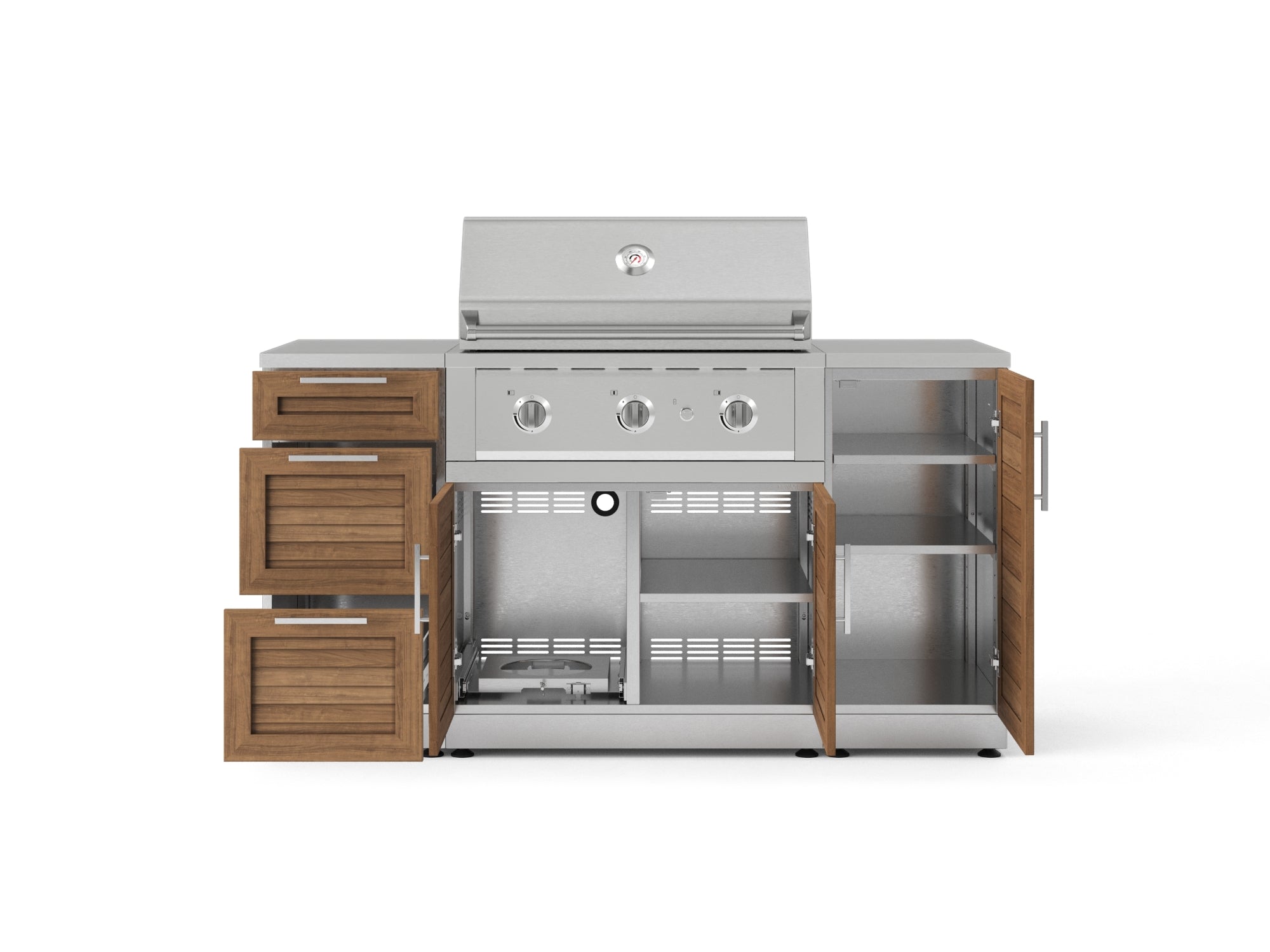 Outdoor Grill Island Stainless-Steel Louvered Doors 6 Piece Cabinet Set with 1 Door, 3 Drawer, Grill Cabinet, Performance Grill and Countertops