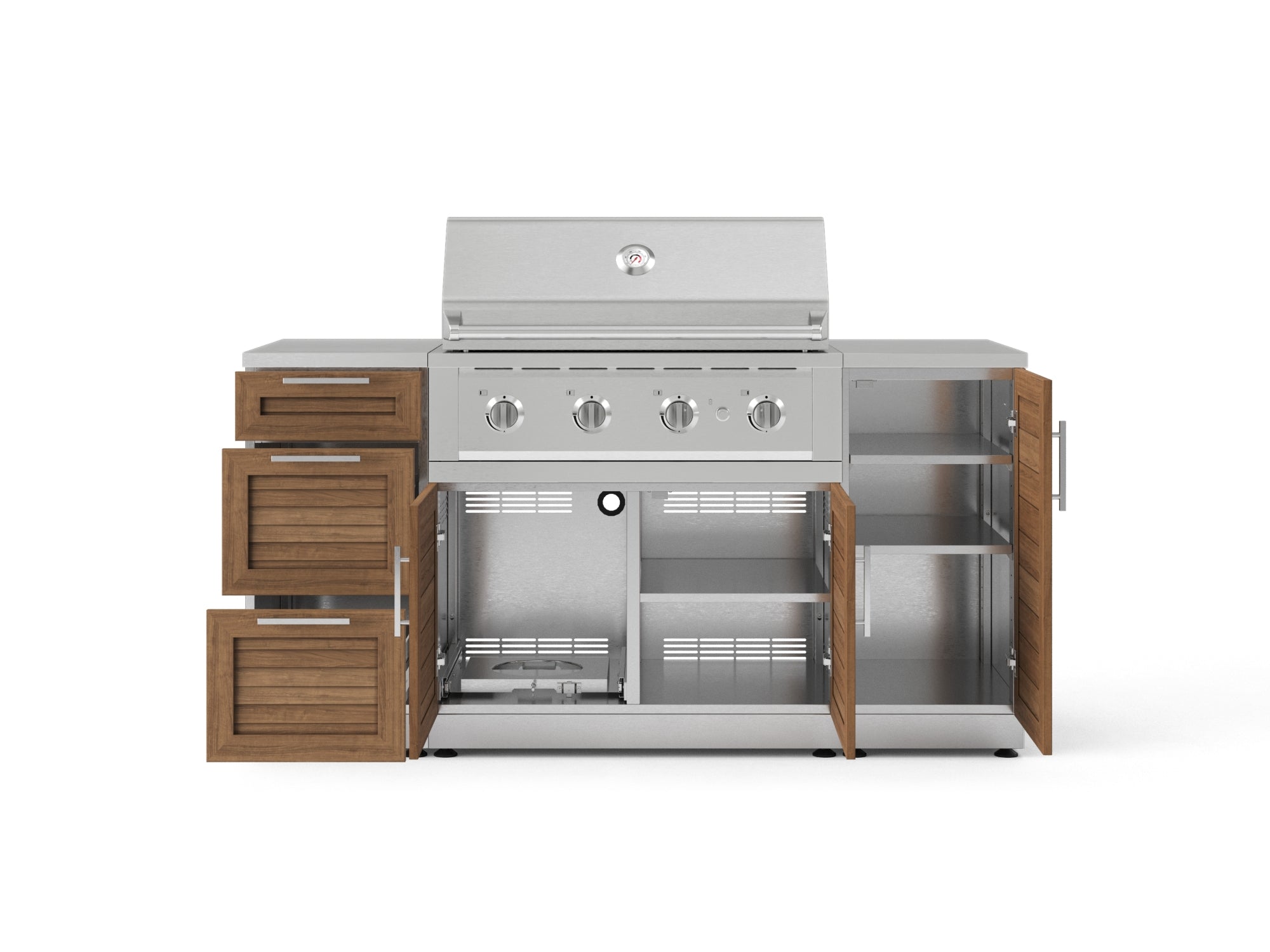 Outdoor Grill Island Stainless-Steel Louvered Doors 6 Piece Cabinet Set with 1 Door, 3 Drawer, Grill Cabinet, Performance Grill and Countertops