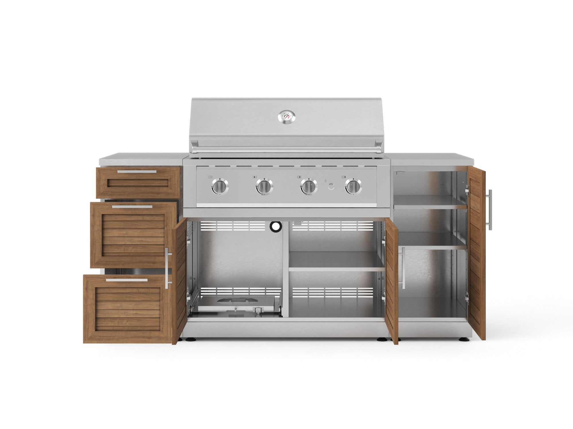 Outdoor Grill Island Stainless-Steel Louvered Doors 6 Piece Cabinet Set with 1 Door, 3 Drawer, Grill Cabinet, Performance Grill and Countertops