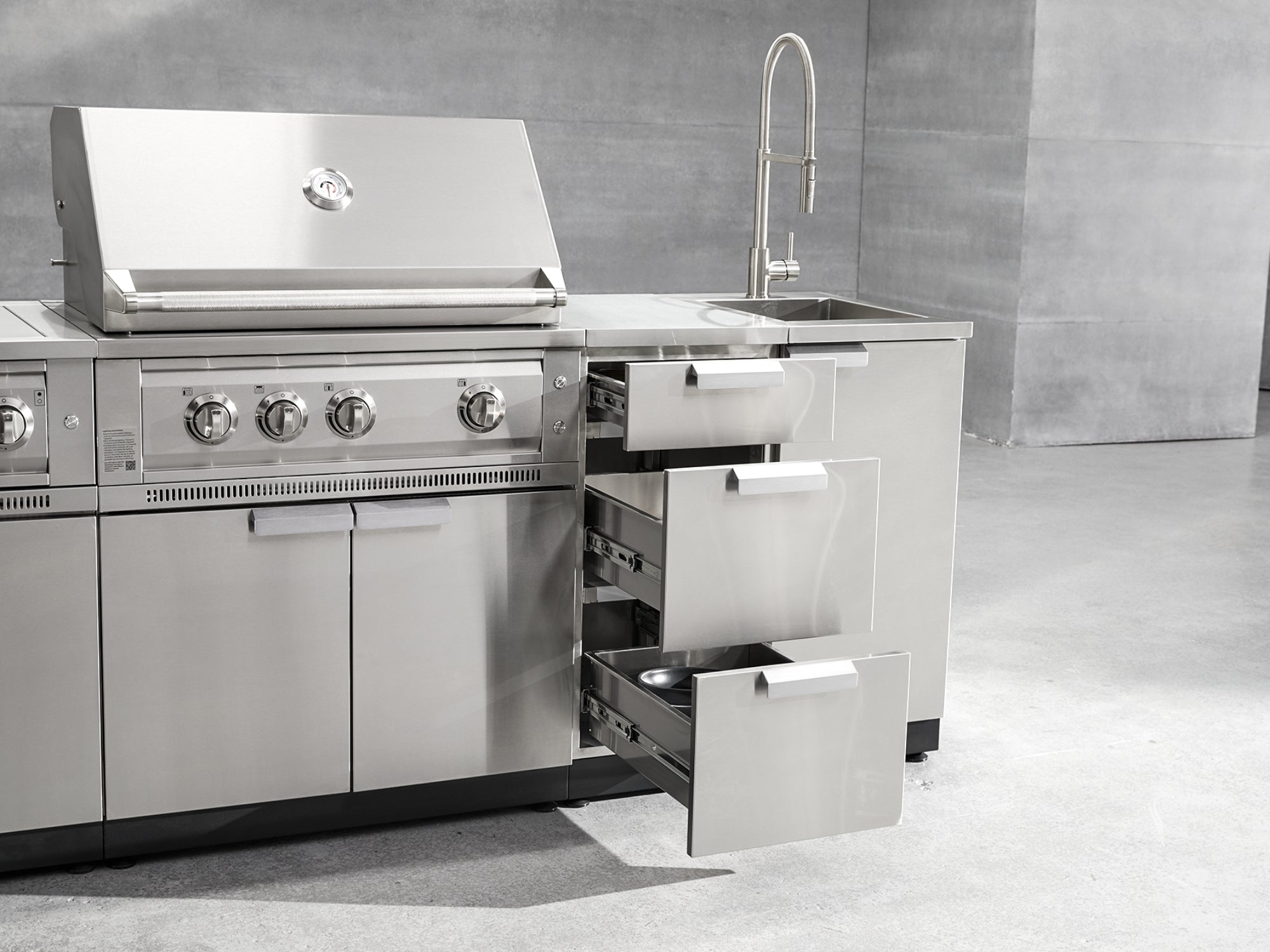 Outdoor Grill Island Stainless-Steel 6 Piece Cabinet Set with 1 Door, 3 Drawer, Grill Cabinet, Platinum Grill and Countertops