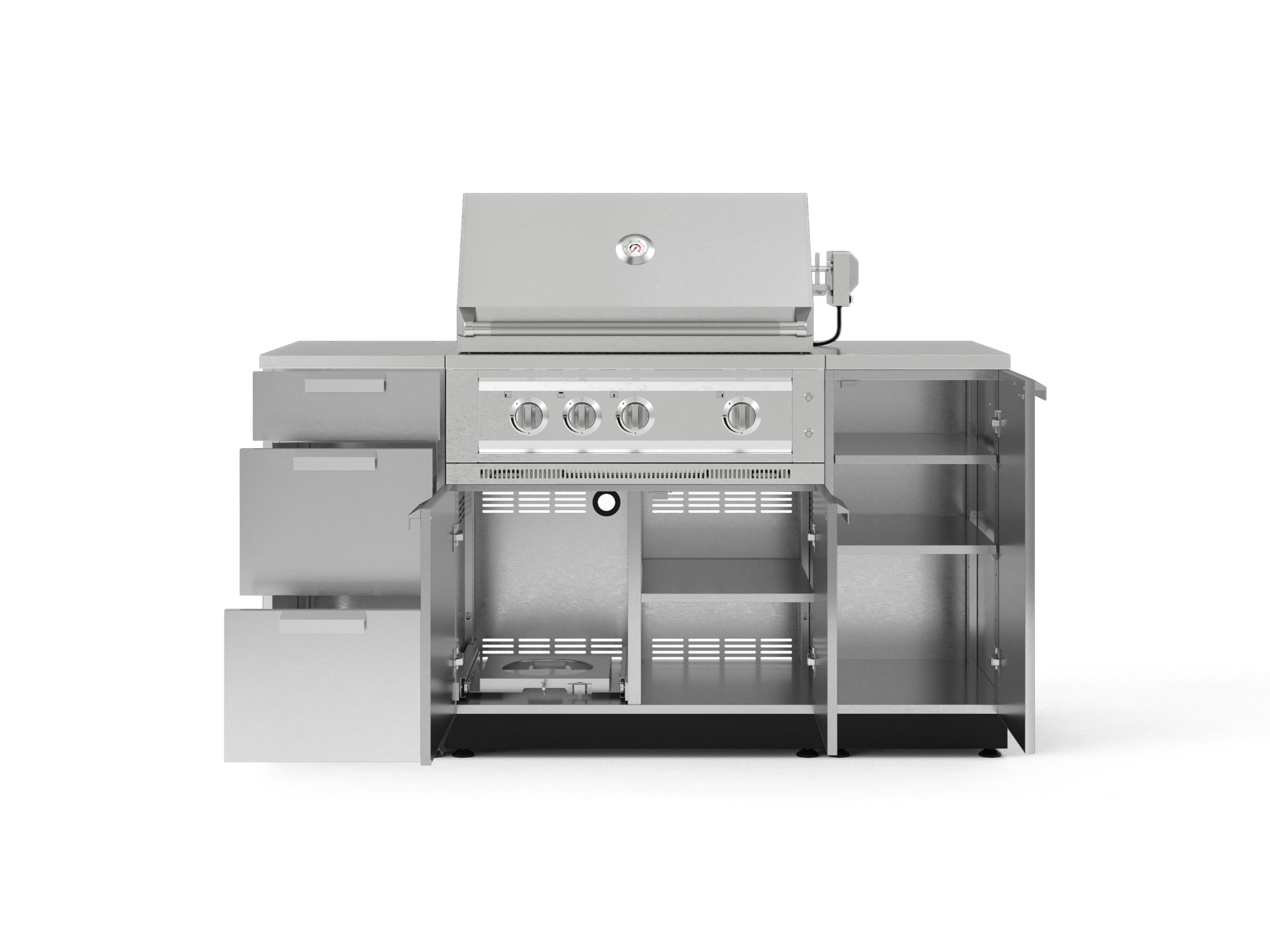 Outdoor Grill Island Stainless-Steel 6 Piece Cabinet Set with 1 Door, 3 Drawer, Grill Cabinet, Platinum Grill and Countertops