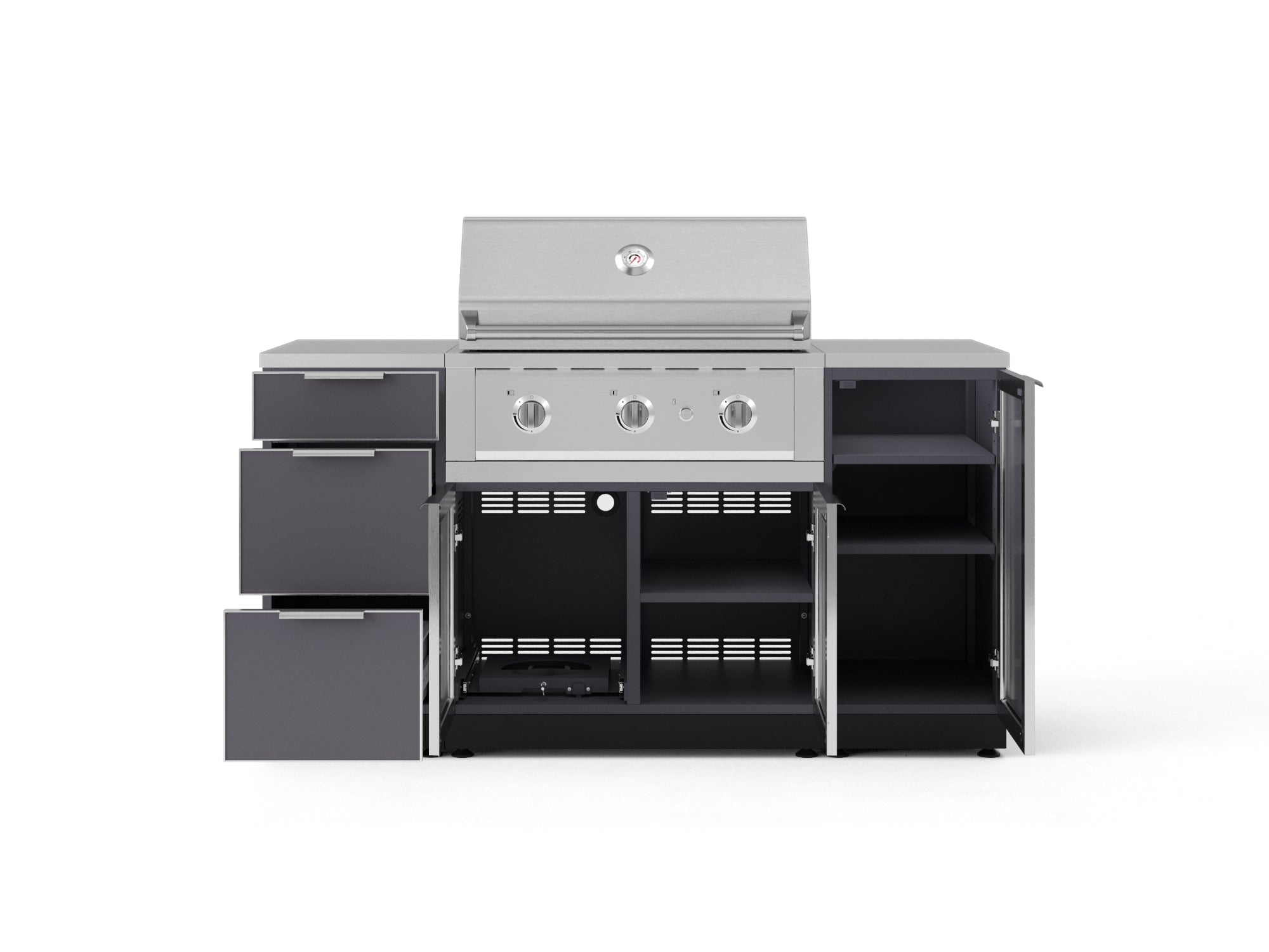 Outdoor Grill Island Aluminum 6 Piece Cabinet Set with 1 Door, 3 Drawer, Grill Cabinet, Performance Grill and Countertops