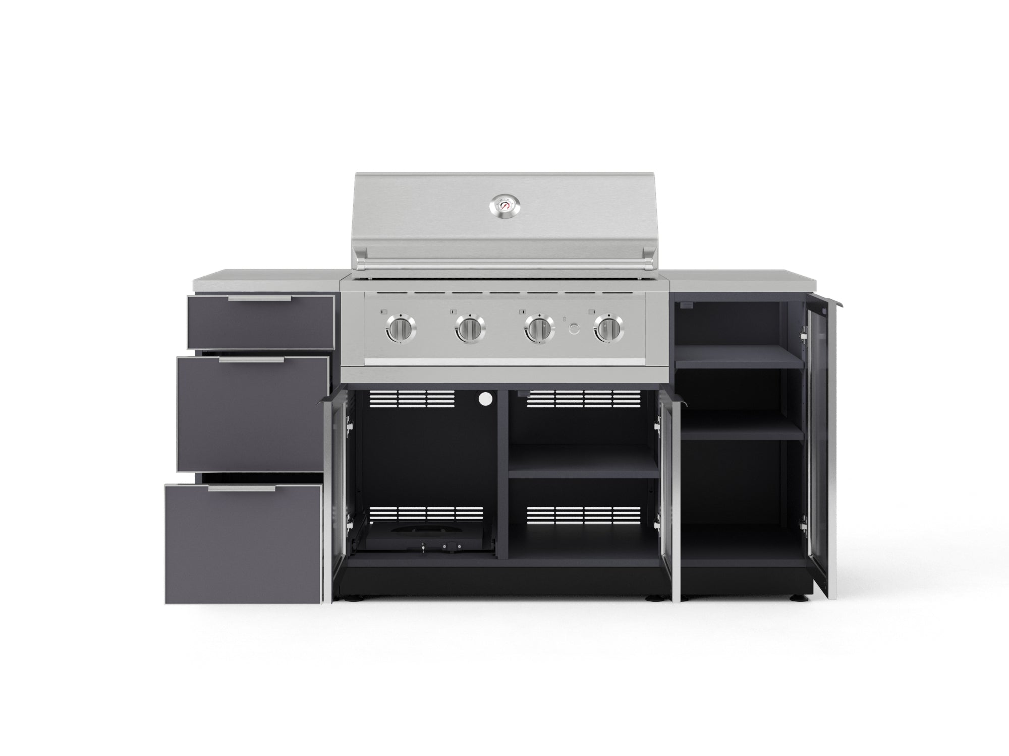 Outdoor Grill Island Aluminum 6 Piece Cabinet Set with 1 Door, 3 Drawer, Grill Cabinet, Performance Grill and Countertops