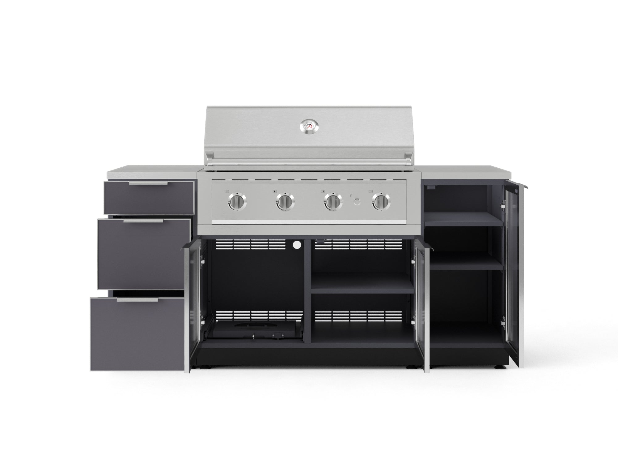 Outdoor Grill Island Aluminum 6 Piece Cabinet Set with 1 Door, 3 Drawer, Grill Cabinet, Performance Grill and Countertops