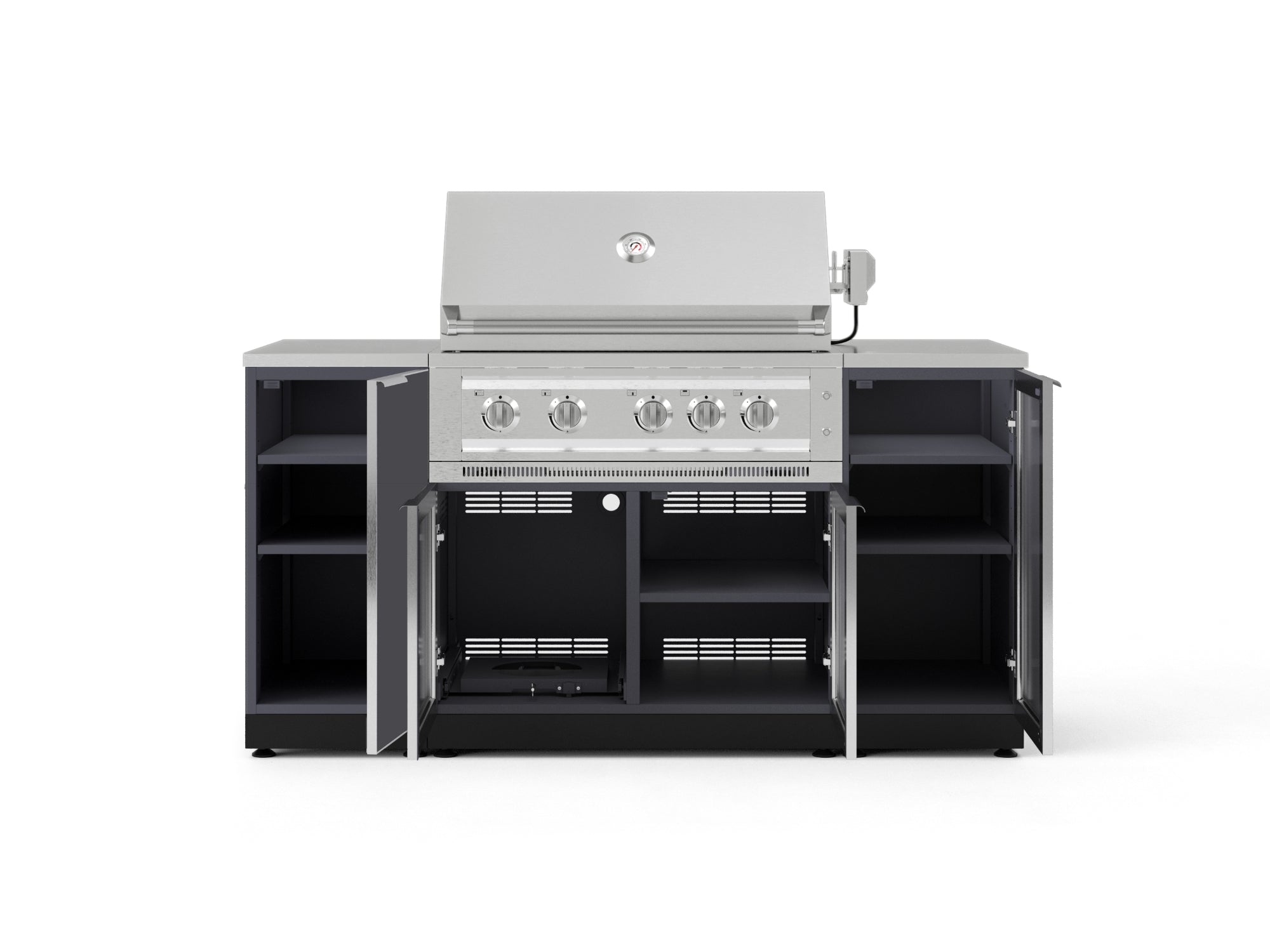 Outdoor Grill Island Aluminum 6 Piece Cabinet Set with 1 Door, Grill Cabinet, Platinum Grill and Countertops