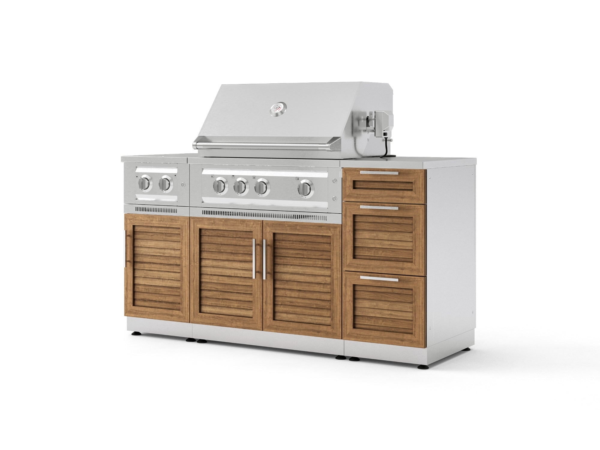 Outdoor Grill Island Stainless-Steel Louvered Doors 6 Piece Cabinet Set with 3-Drawer, Grill Cabinet, Platinum Grill, Dual Side Burner and Countertop
