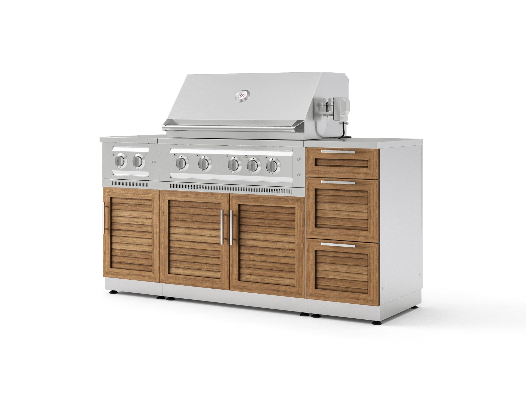 Outdoor Grill Island Stainless-Steel Louvered Doors 6 Piece Cabinet Set with 3-Drawer, Grill Cabinet, Platinum Grill, Dual Side Burner and Countertop