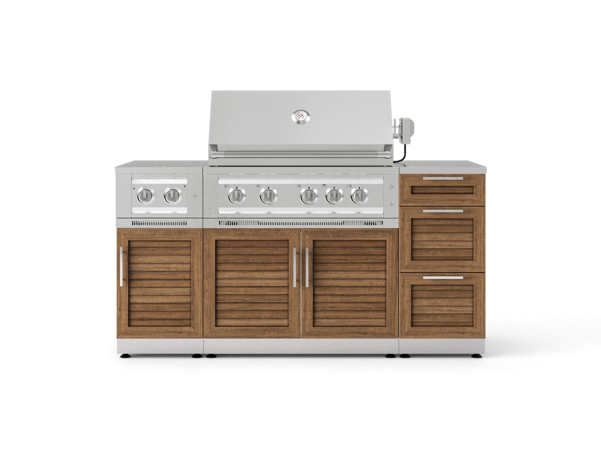 Outdoor Grill Island Stainless-Steel Louvered Doors 6 Piece Cabinet Set with 3-Drawer, Grill Cabinet, Platinum Grill, Dual Side Burner and Countertop