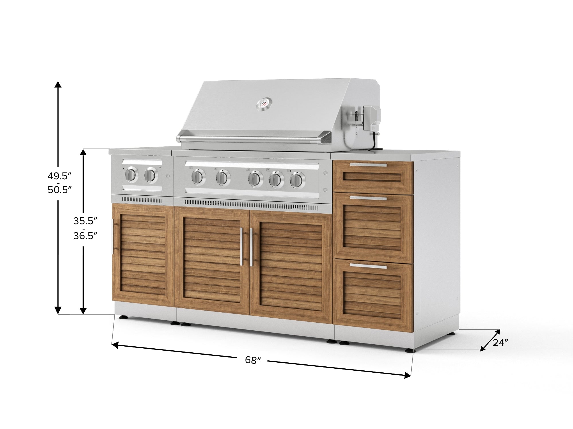 Outdoor Grill Island Stainless-Steel Louvered Doors 6 Piece Cabinet Set with 3-Drawer, Grill Cabinet, Platinum Grill, Dual Side Burner and Countertop