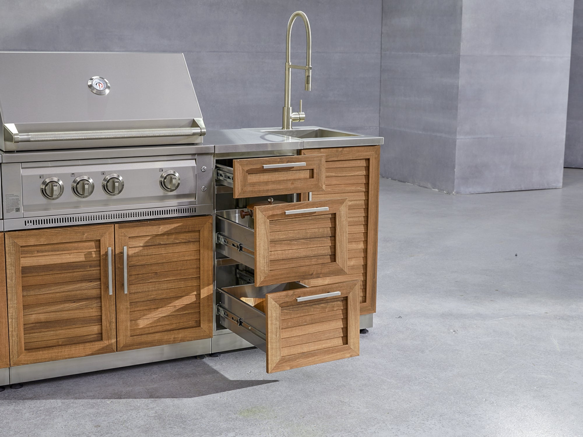 Outdoor Grill Island Stainless-Steel Louvered Doors 6 Piece Cabinet Set with 3-Drawer, Grill Cabinet, Platinum Grill, Dual Side Burner and Countertop