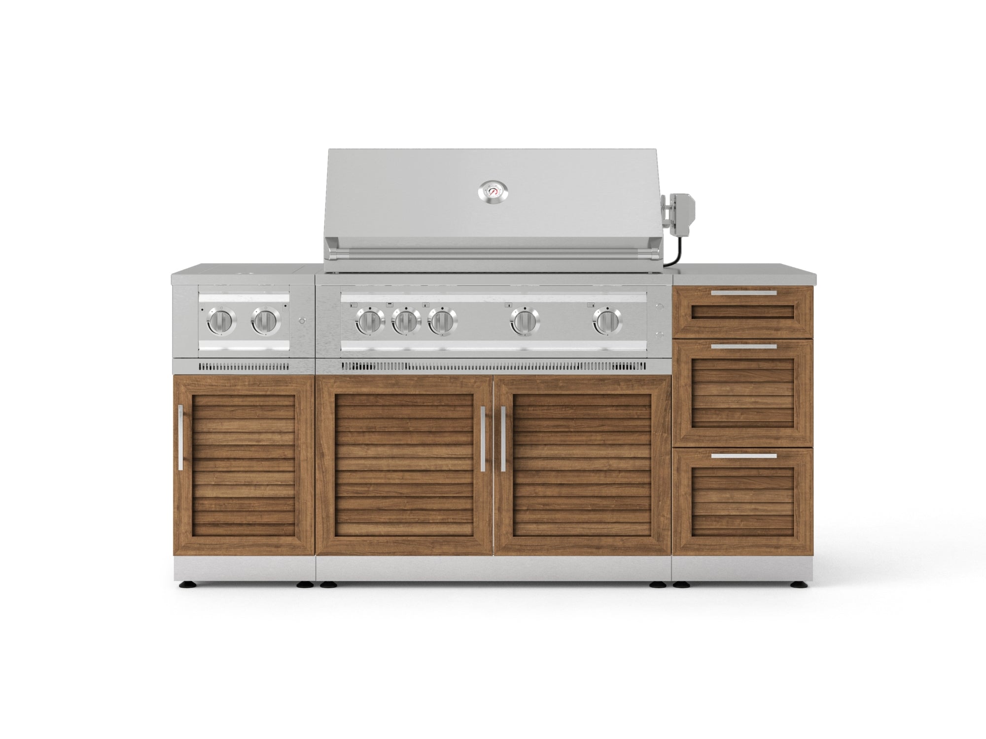 Outdoor Grill Island Stainless-Steel Louvered Doors 6 Piece Cabinet Set with 3-Drawer, Grill Cabinet, Platinum Grill, Dual Side Burner and Countertop