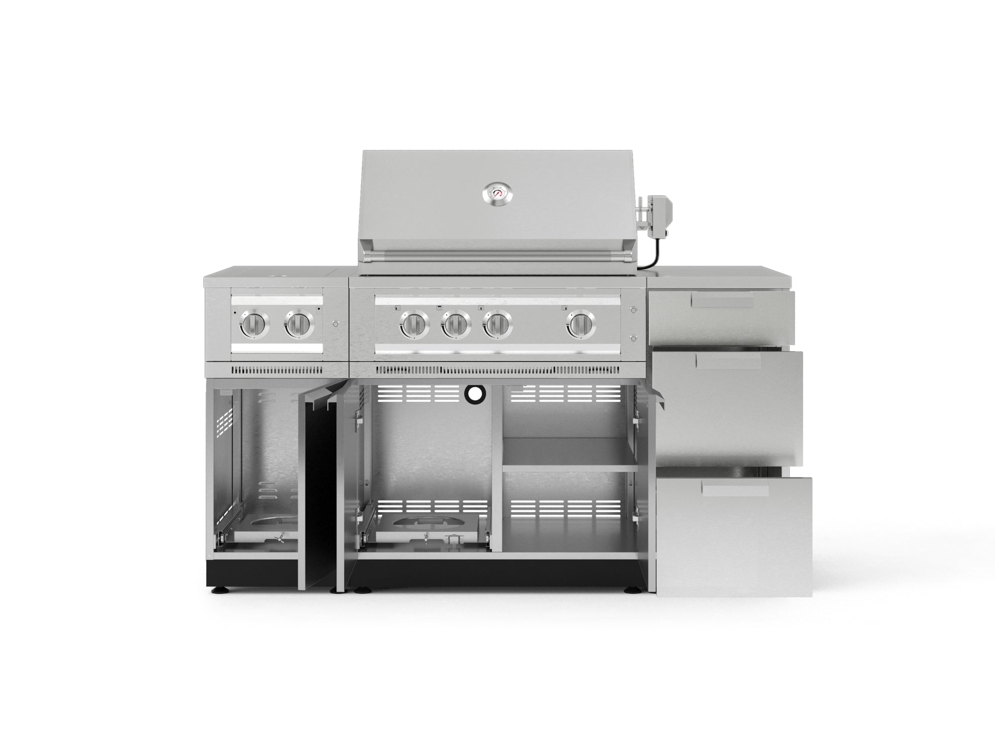 Outdoor Grill Island Stainless-Steel 6 Piece Cabinet Set with 3-Drawer, Grill Cabinet, Platinum Grill, Dual Side Burner and Countertop
