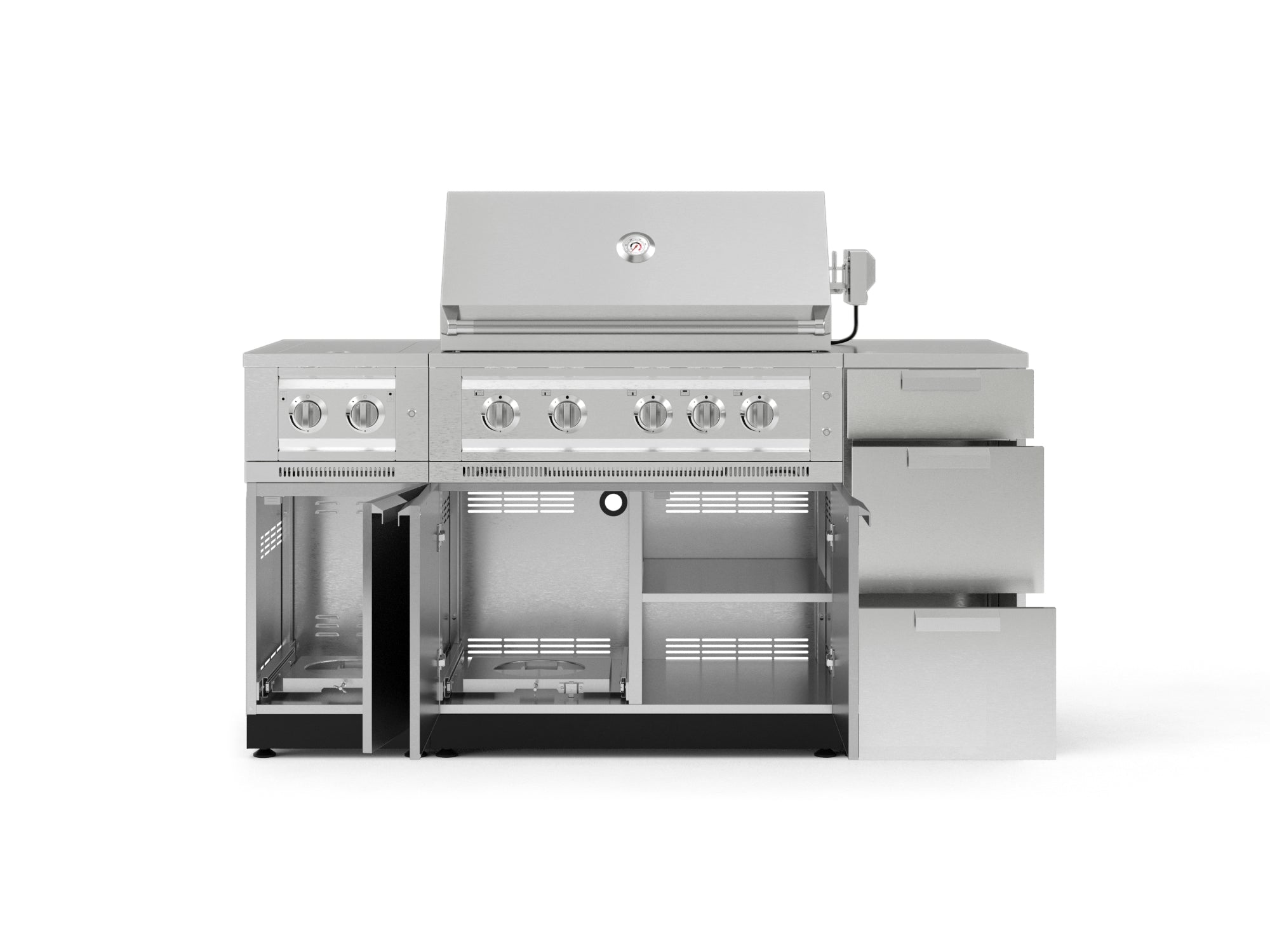 Outdoor Grill Island Stainless-Steel 6 Piece Cabinet Set with 3-Drawer, Grill Cabinet, Platinum Grill, Dual Side Burner and Countertop
