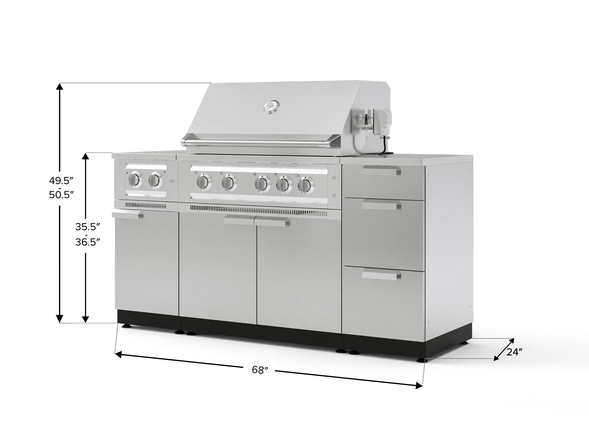 Outdoor Grill Island Stainless-Steel 6 Piece Cabinet Set with 3-Drawer, Grill Cabinet, Platinum Grill, Dual Side Burner and Countertop