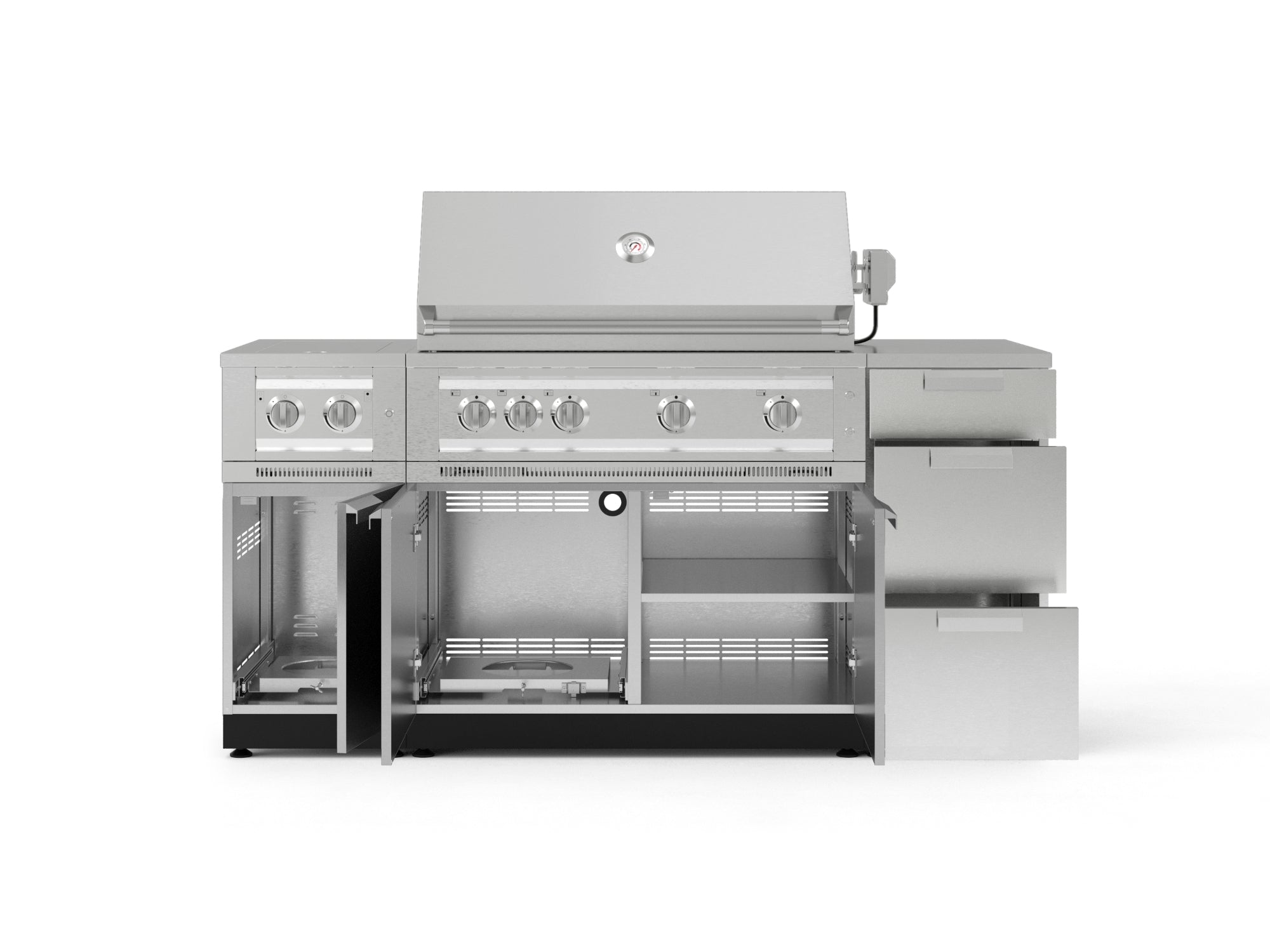 Outdoor Grill Island Stainless-Steel 6 Piece Cabinet Set with 3-Drawer, Grill Cabinet, Platinum Grill, Dual Side Burner and Countertop