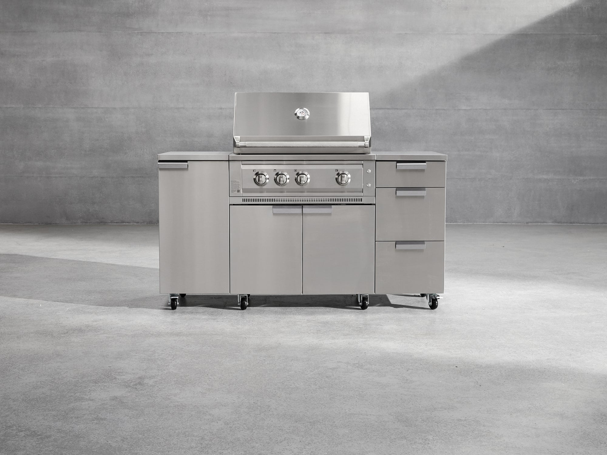 Outdoor Grill Island Stainless-Steel 6 Piece Cabinet Set with 3-Drawer, Grill Cabinet, Platinum Grill, Dual Side Burner and Countertop