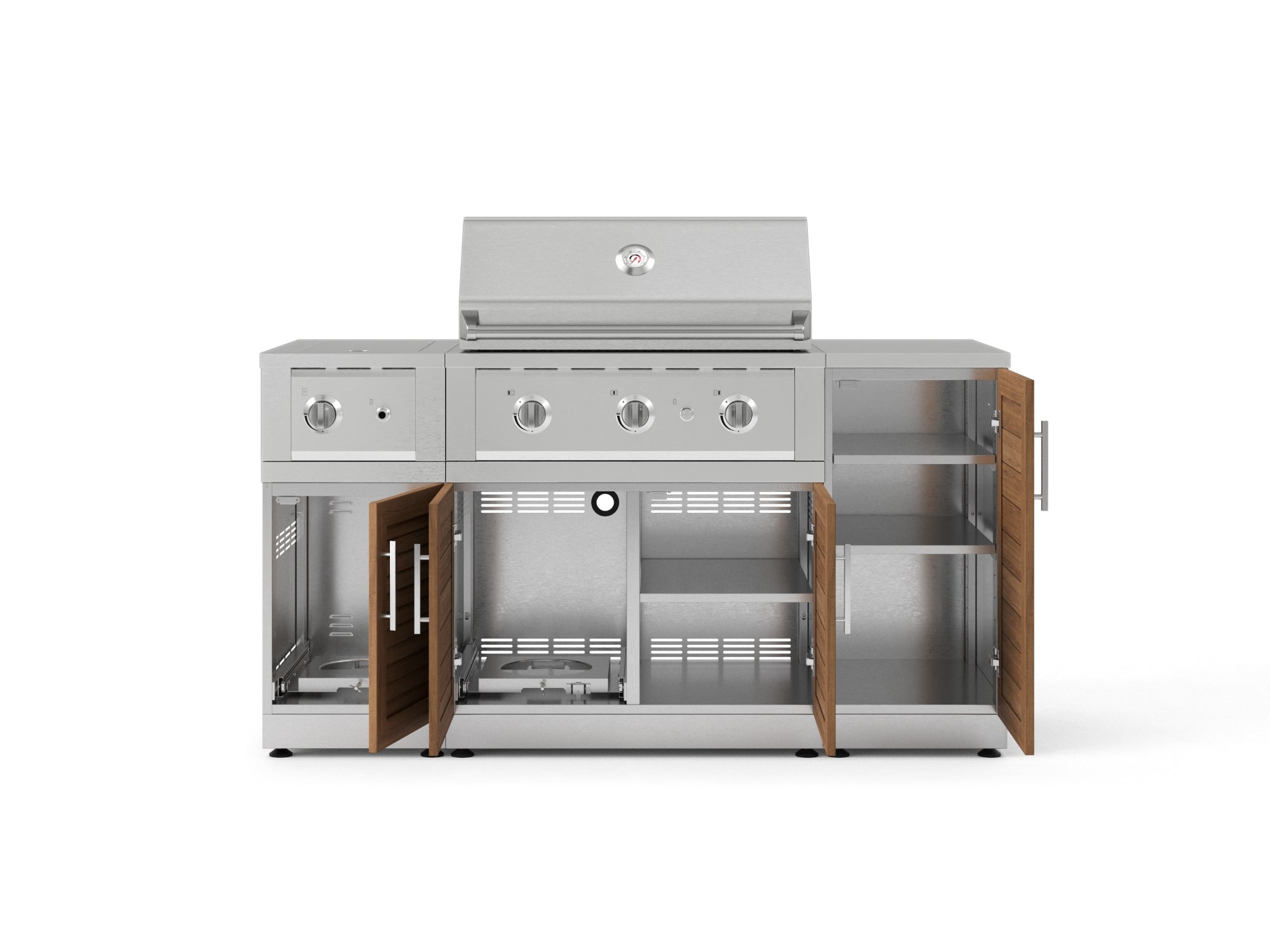 Outdoor Grill Island Stainless-Steel Louvered Doors 6 Piece Cabinet Set with 1-Door, Grill Cabinet, Performance Grill, Side Burner and Countertop