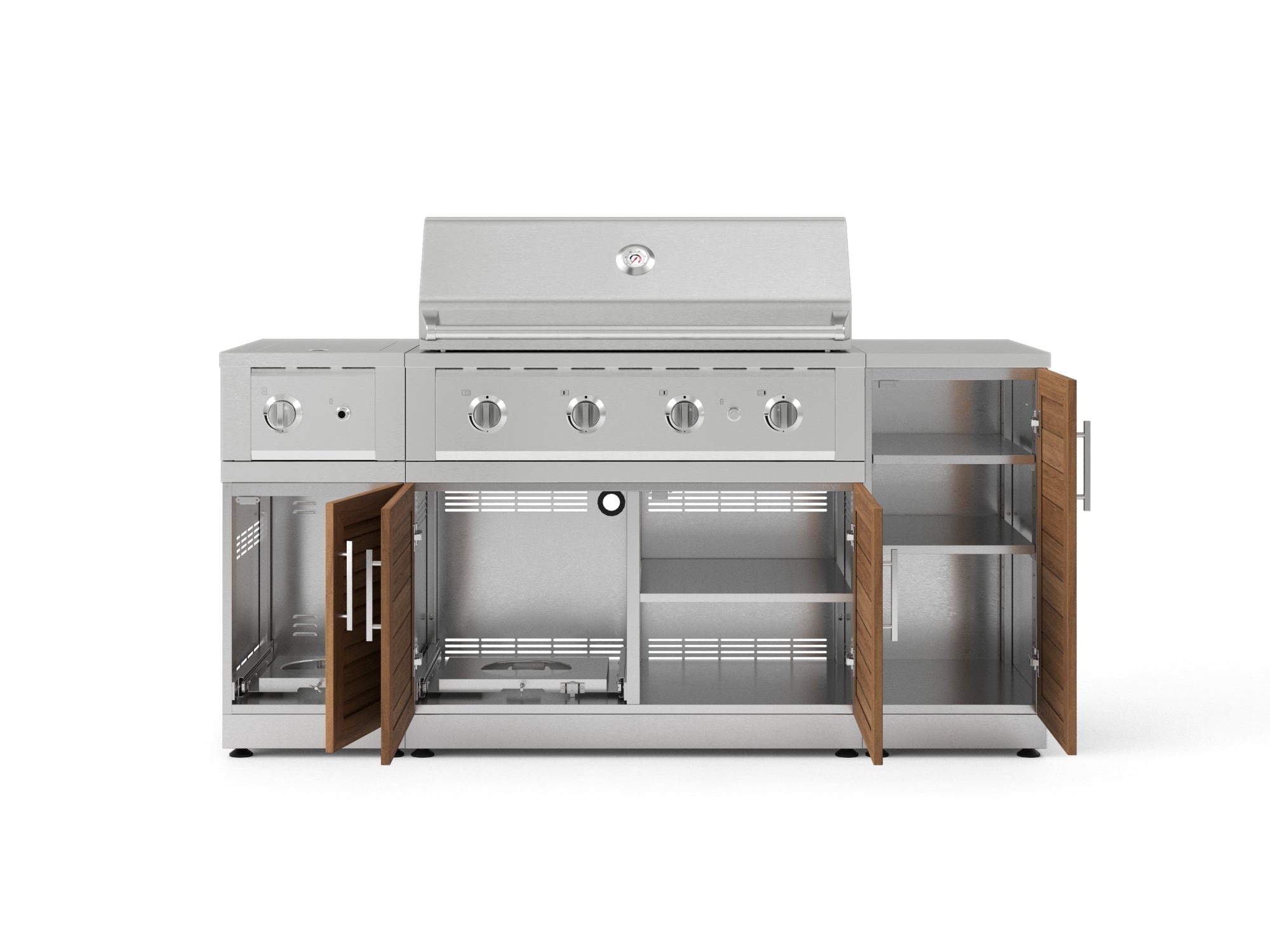 Outdoor Grill Island Stainless-Steel Louvered Doors 6 Piece Cabinet Set with 1-Door, Grill Cabinet, Performance Grill, Side Burner and Countertop
