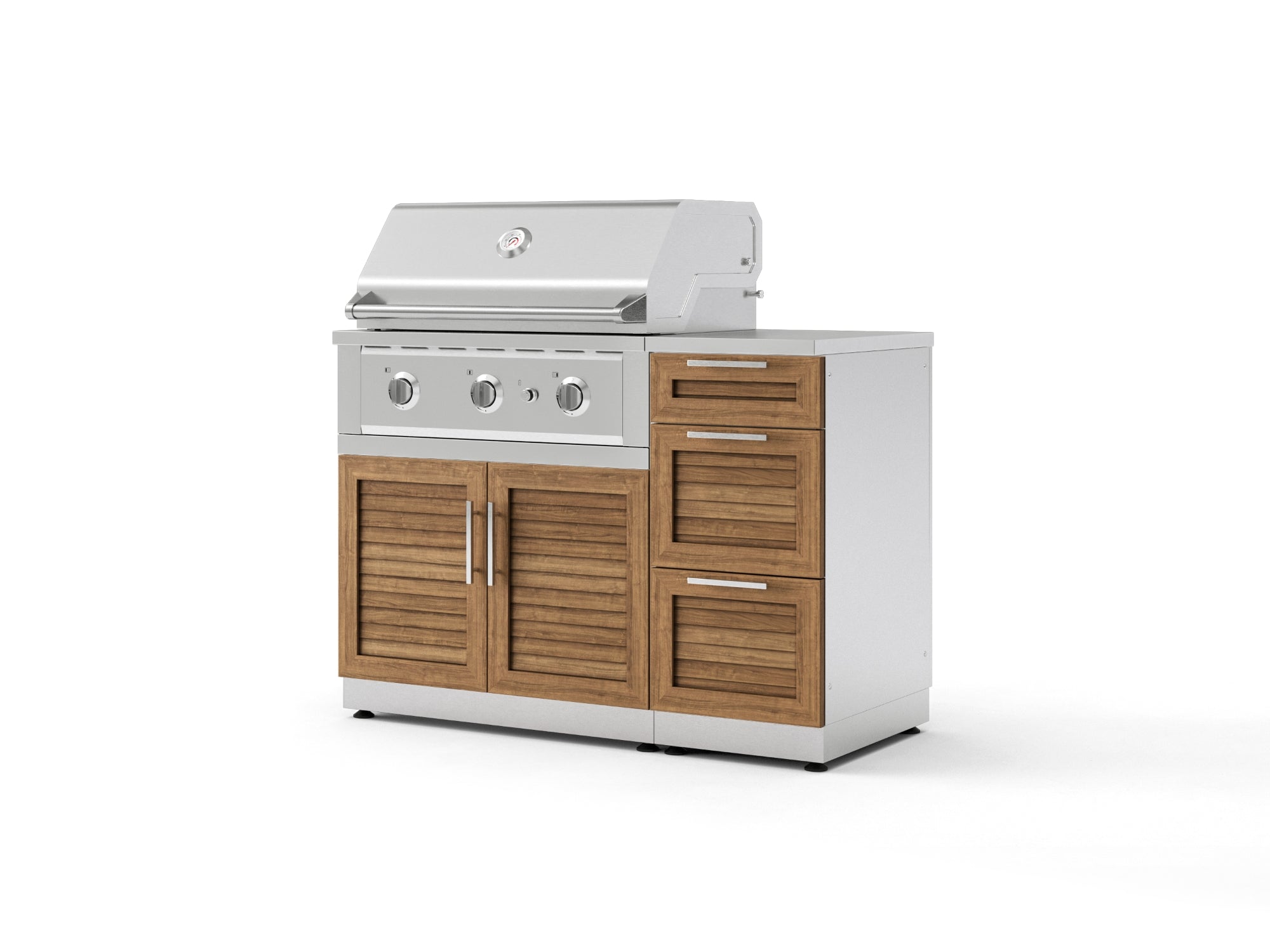 Outdoor Grill Island Stainless-Steel Louvered Doors 4 Piece Cabinet Set with 3-Drawer, Grill Cabinet, Performance Grill and Countertop