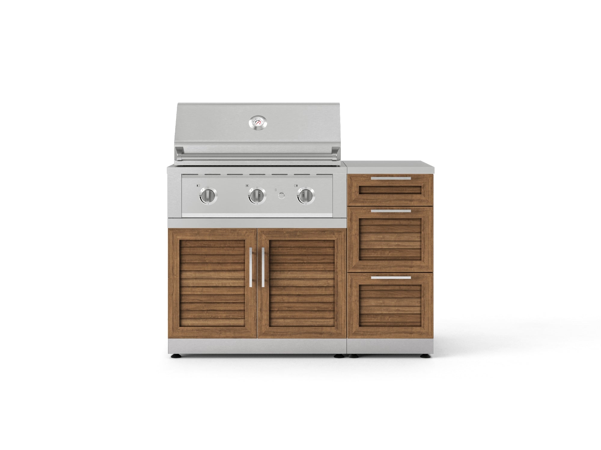 Outdoor Grill Island Stainless-Steel Louvered Doors 4 Piece Cabinet Set with 3-Drawer, Grill Cabinet, Performance Grill and Countertop