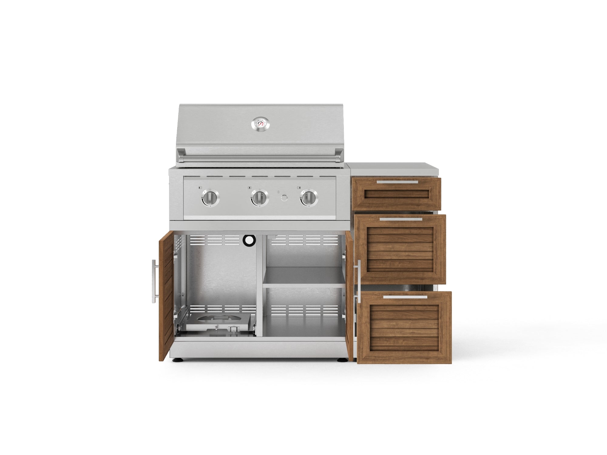 Outdoor Grill Island Stainless-Steel Louvered Doors 4 Piece Cabinet Set with 3-Drawer, Grill Cabinet, Performance Grill and Countertop