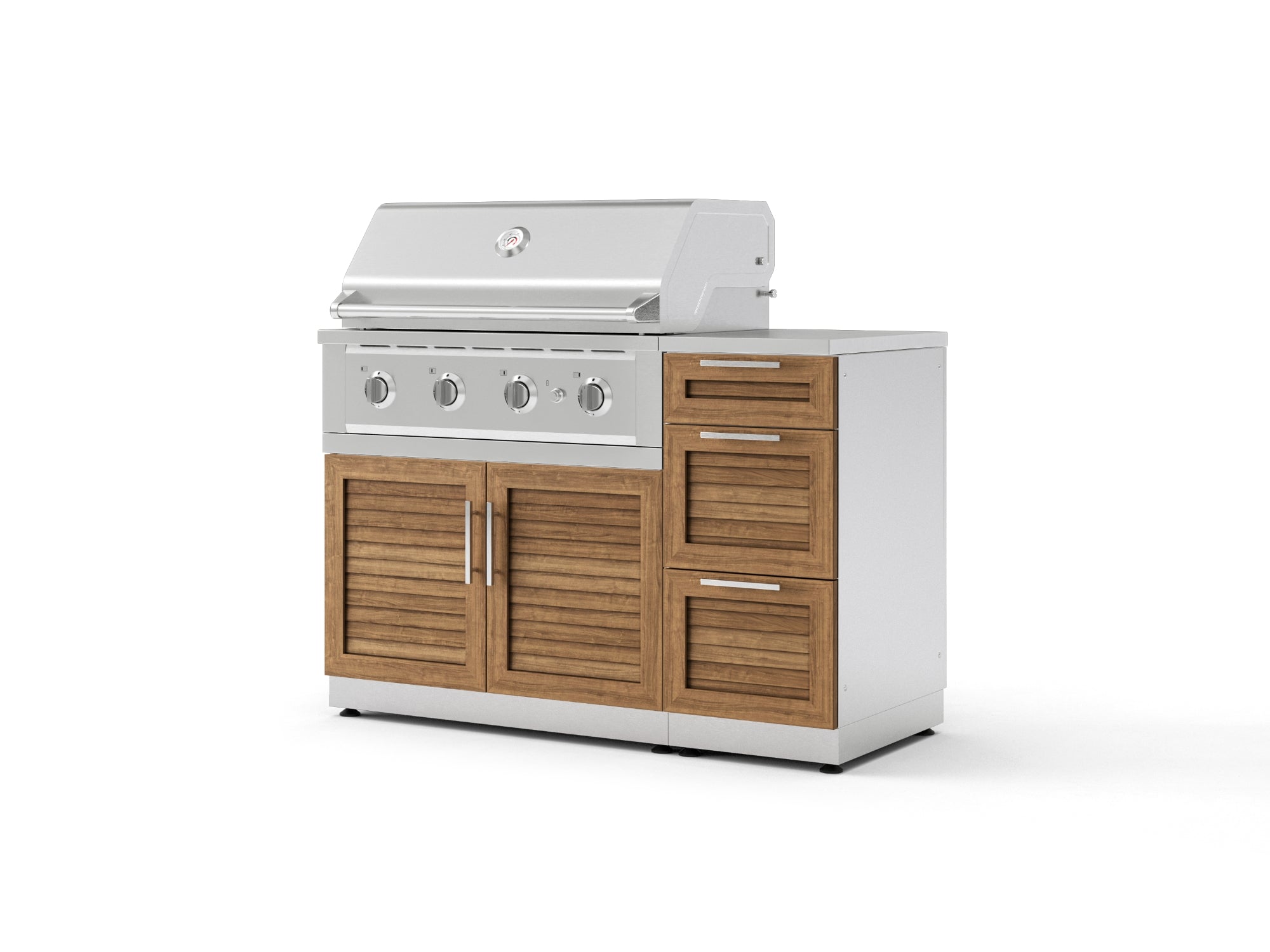 Outdoor Grill Island Stainless-Steel Louvered Doors 4 Piece Cabinet Set with 3-Drawer, Grill Cabinet, Performance Grill and Countertop