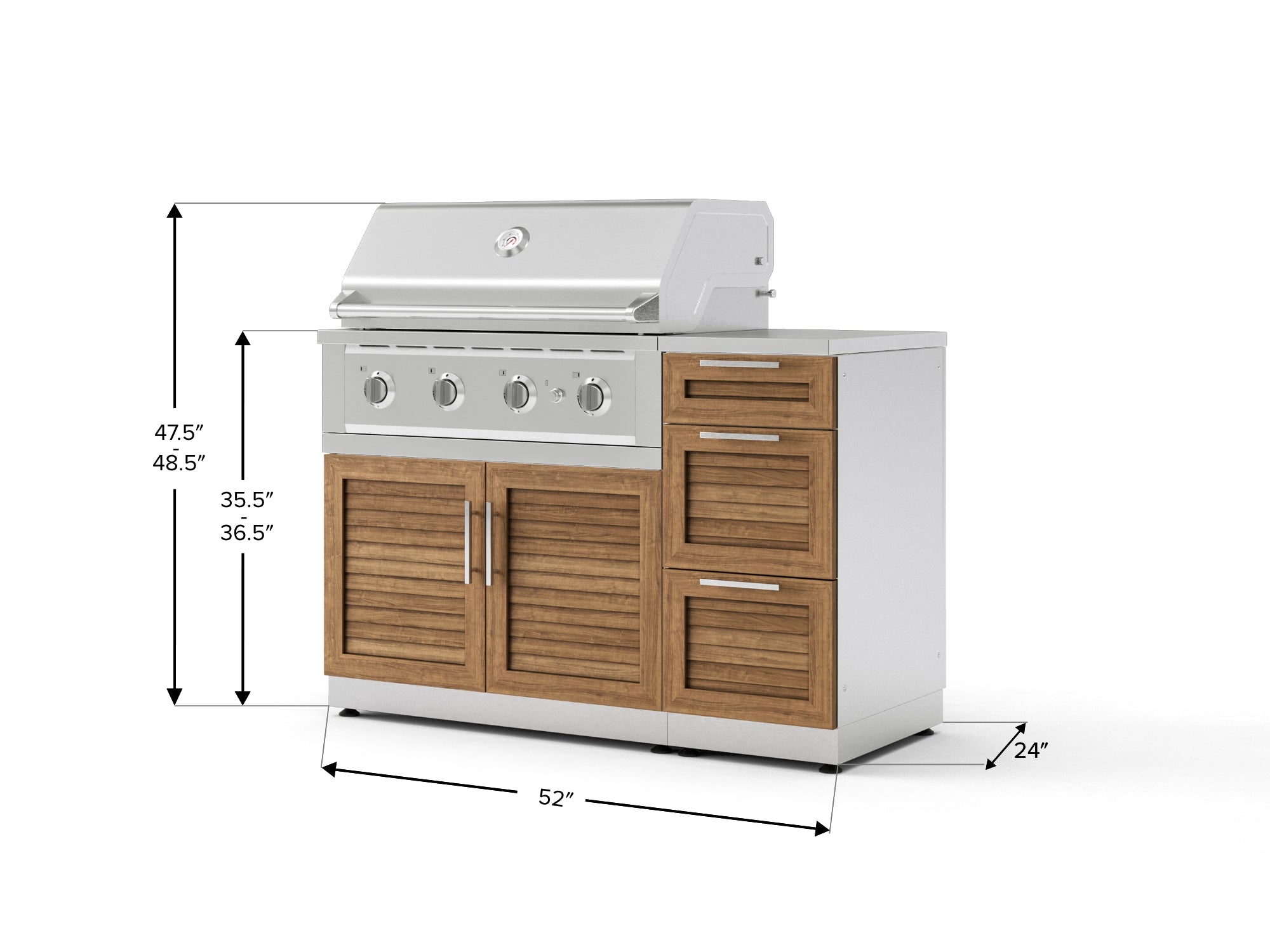 Outdoor Grill Island Stainless-Steel Louvered Doors 4 Piece Cabinet Set with 3-Drawer, Grill Cabinet, Performance Grill and Countertop