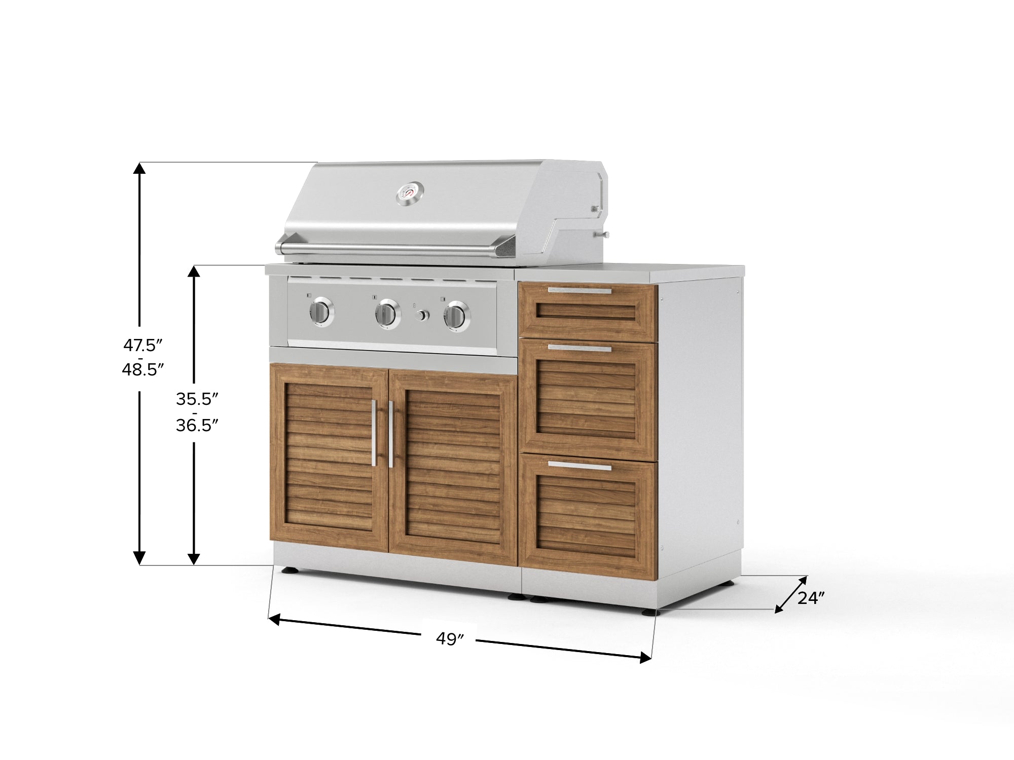 Outdoor Grill Island Stainless-Steel Louvered Doors 4 Piece Cabinet Set with 3-Drawer, Grill Cabinet, Performance Grill and Countertop