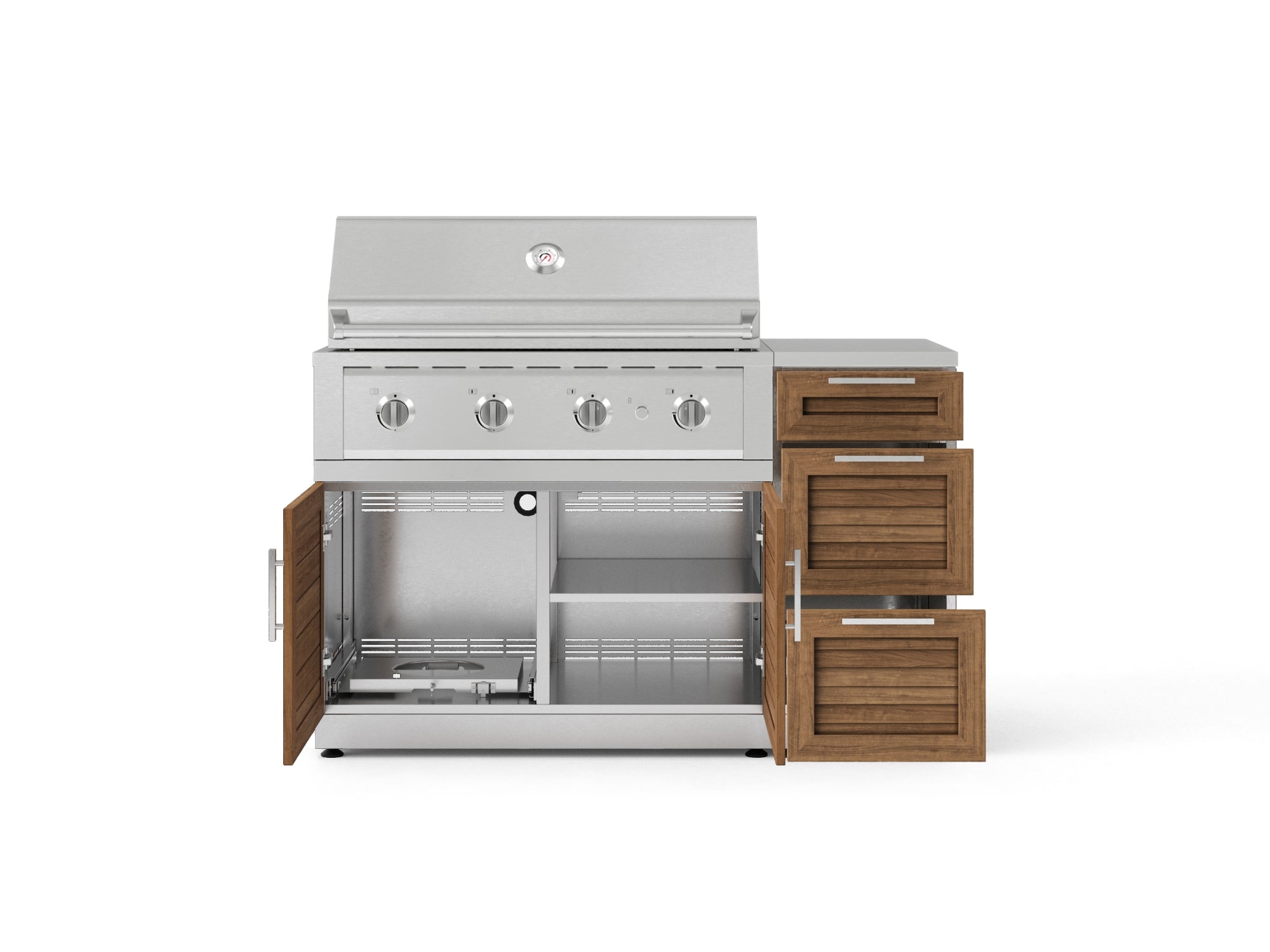 Outdoor Grill Island Stainless-Steel Louvered Doors 4 Piece Cabinet Set with 3-Drawer, Grill Cabinet, Performance Grill and Countertop