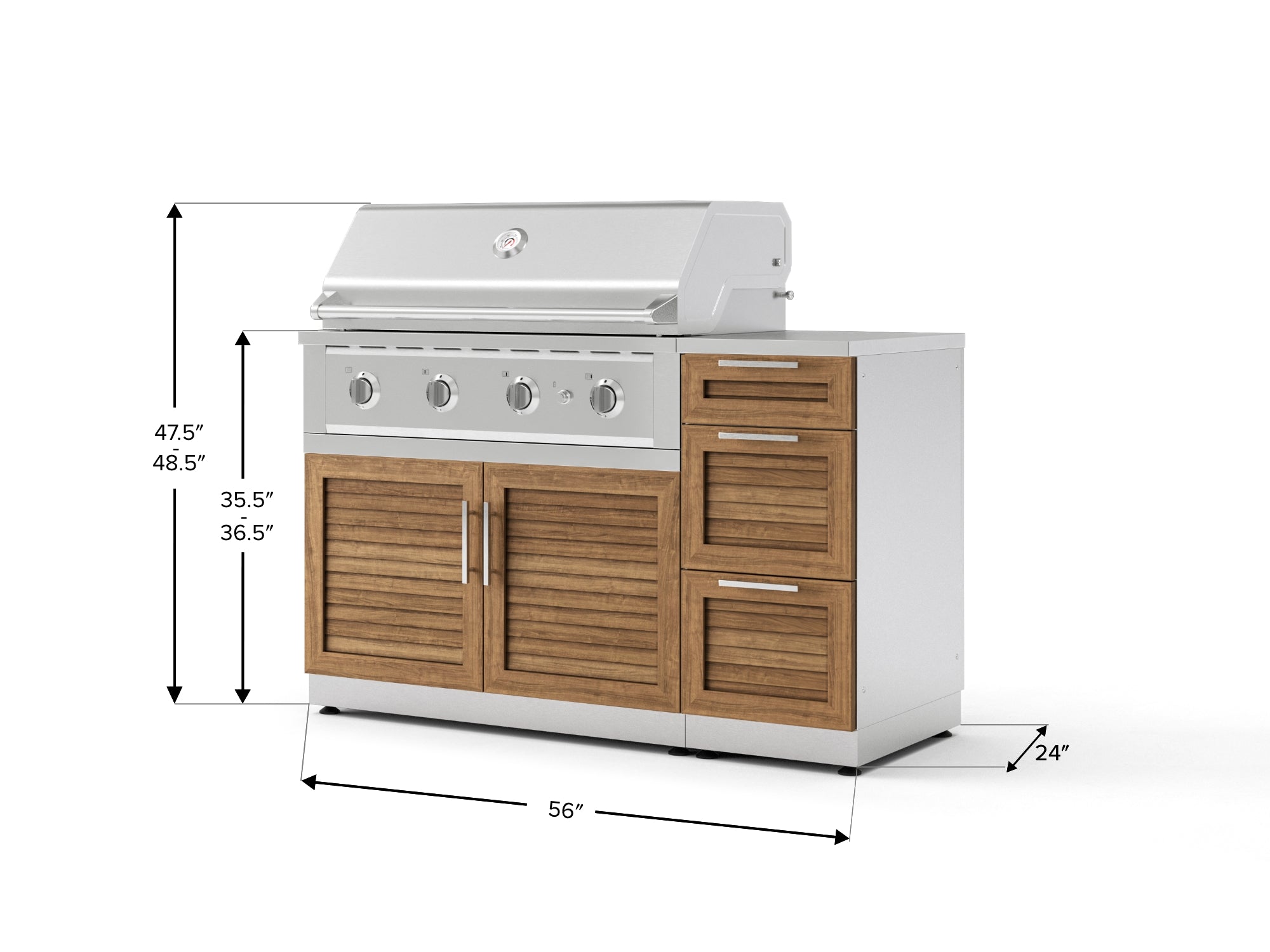 Outdoor Grill Island Stainless-Steel Louvered Doors 4 Piece Cabinet Set with 3-Drawer, Grill Cabinet, Performance Grill and Countertop