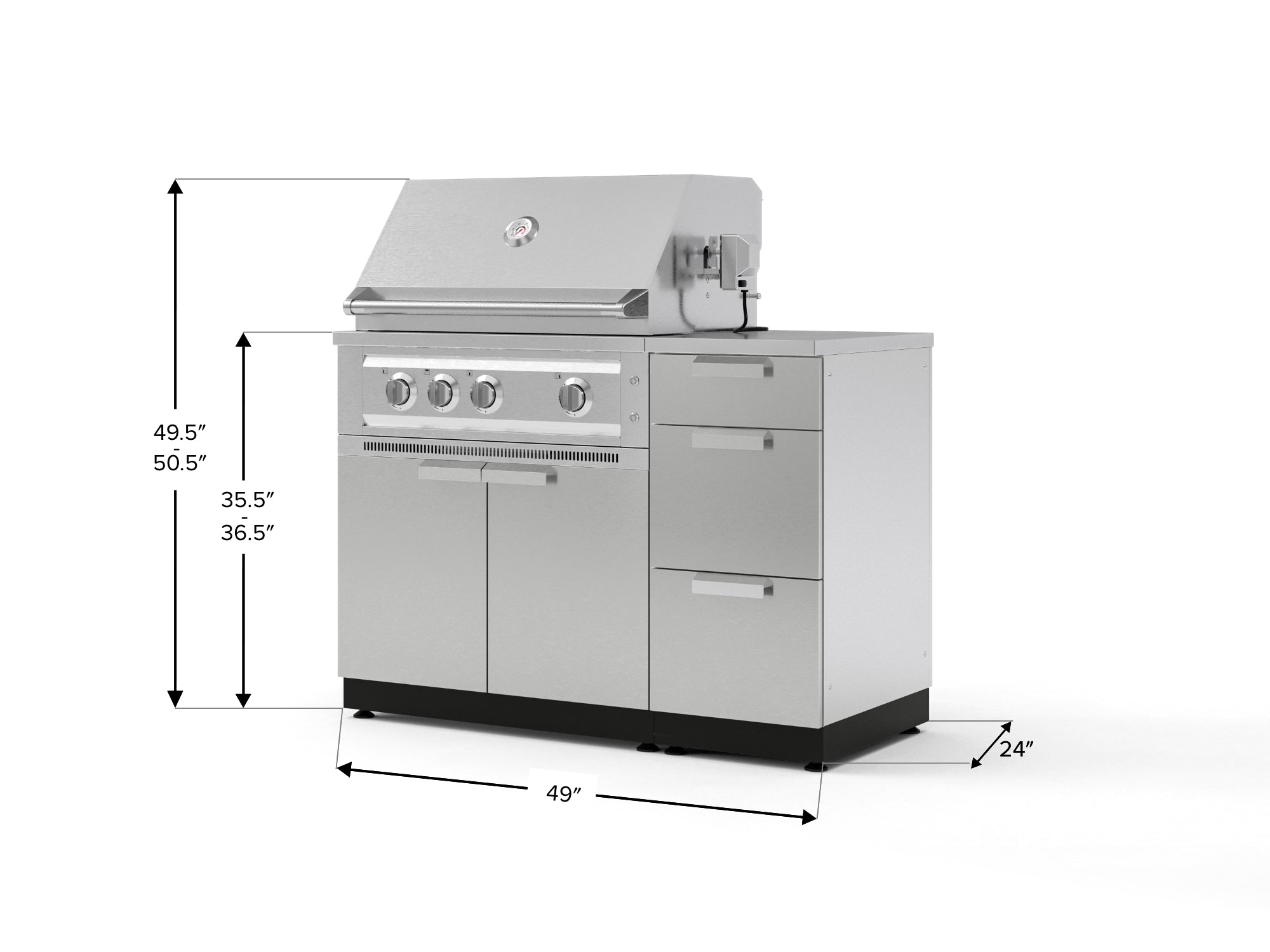 Outdoor Grill Island Stainless-Steel 4 Piece Cabinet Set with 3-Drawer, Grill Cabinet, Platinum Grill and Countertop
