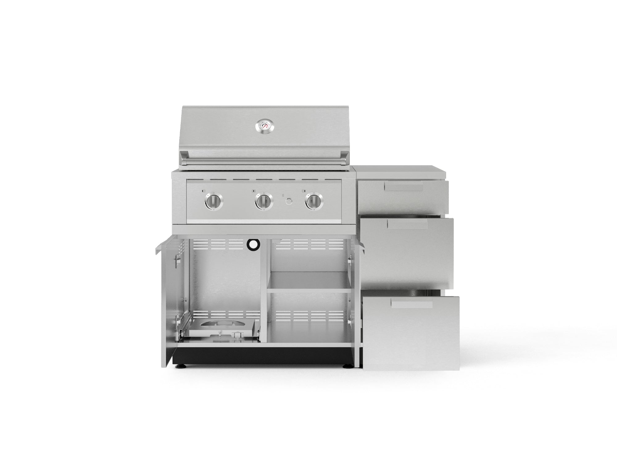 Outdoor Grill Island Stainless-Steel 4 Piece Cabinet Set with 3-Drawer, Grill Cabinet, Performance Grill and Countertop