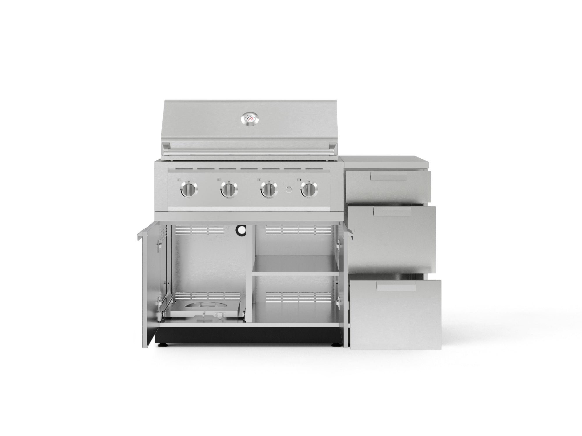 Outdoor Grill Island Stainless-Steel 4 Piece Cabinet Set with 3-Drawer, Grill Cabinet, Performance Grill and Countertop