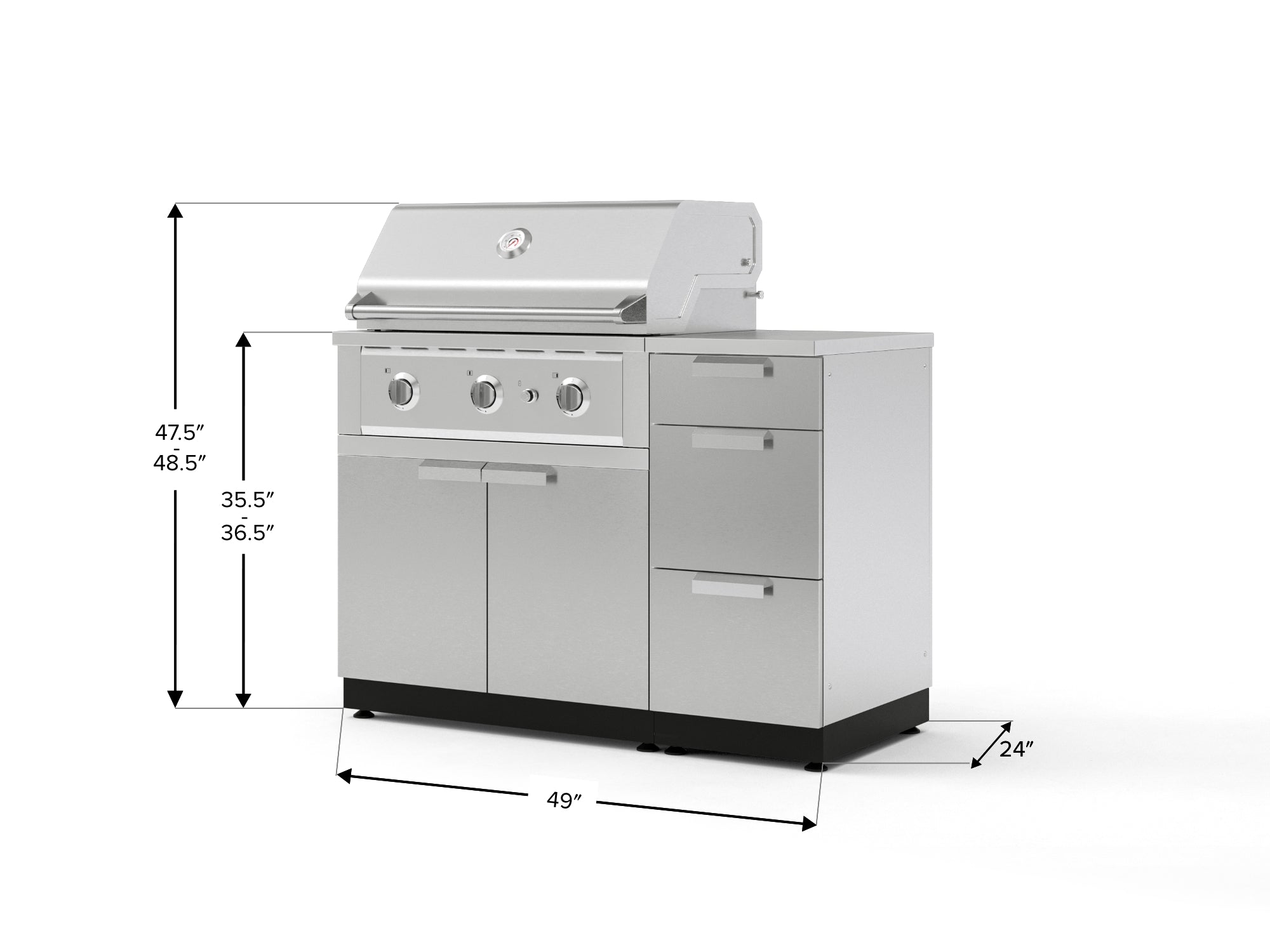 Outdoor Grill Island Stainless-Steel 4 Piece Cabinet Set with 3-Drawer, Grill Cabinet, Performance Grill and Countertop