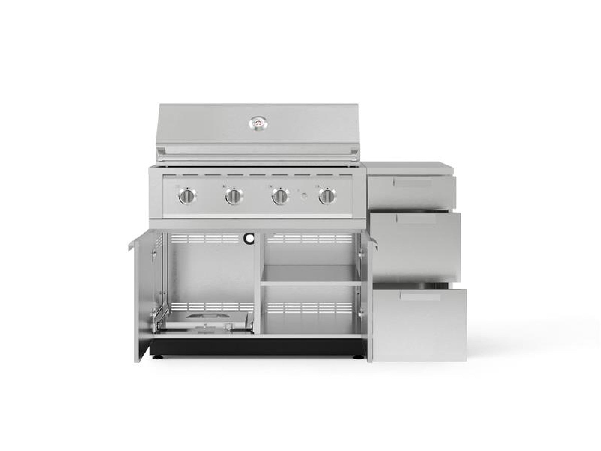 Outdoor Grill Island Stainless-Steel 4 Piece Cabinet Set with 3-Drawer, Grill Cabinet, Performance Grill and Countertop