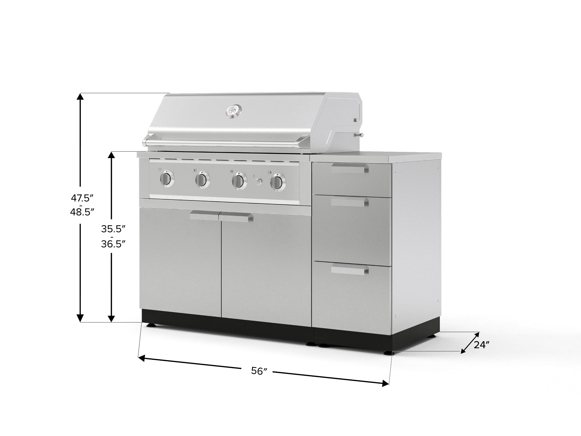 Outdoor Grill Island Stainless-Steel 4 Piece Cabinet Set with 3-Drawer, Grill Cabinet, Performance Grill and Countertop