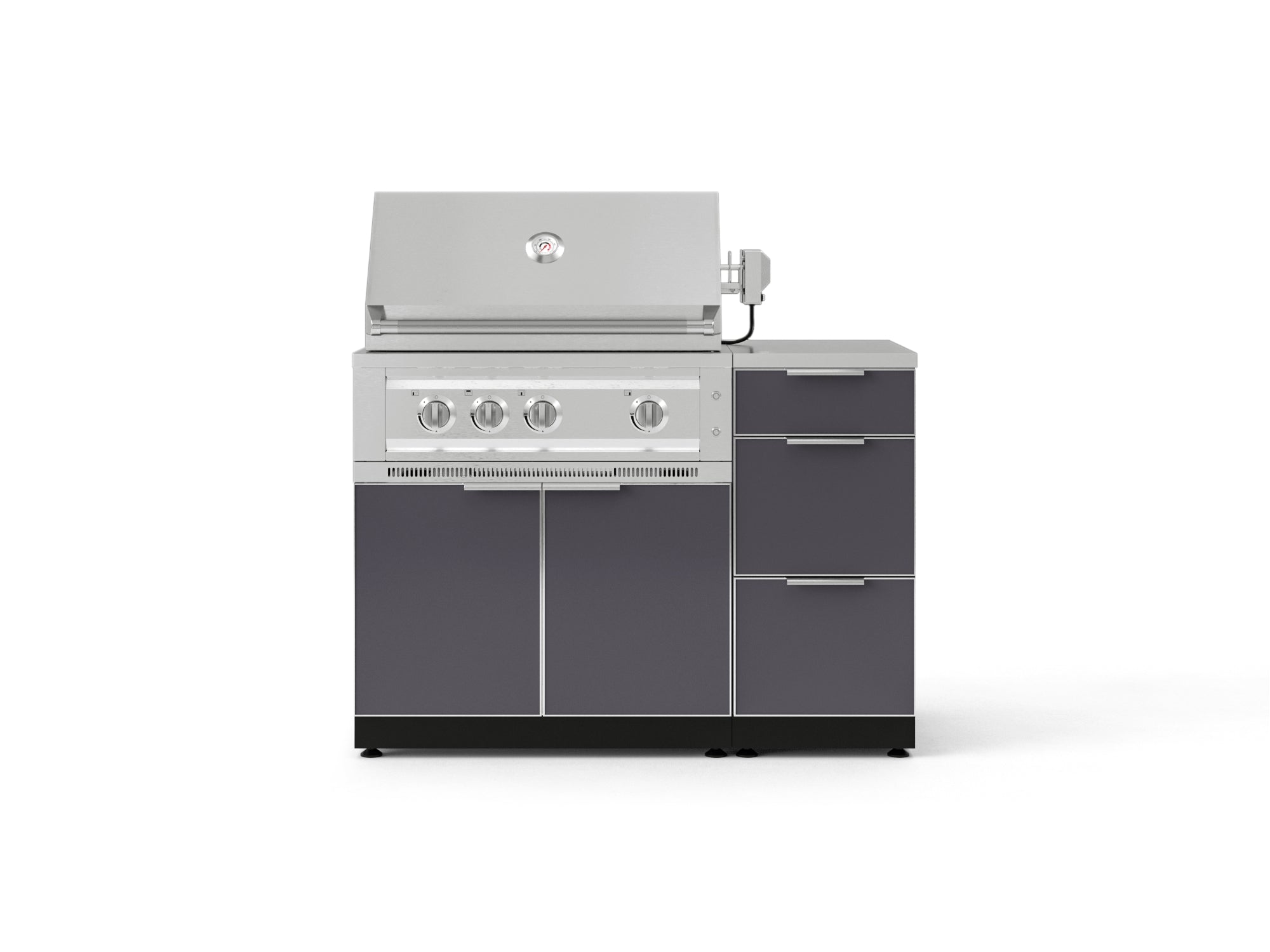Outdoor Grill Island Aluminum 4 Piece Cabinet Set with 3-Drawer, Grill Cabinet, Platinum Grill and Countertop