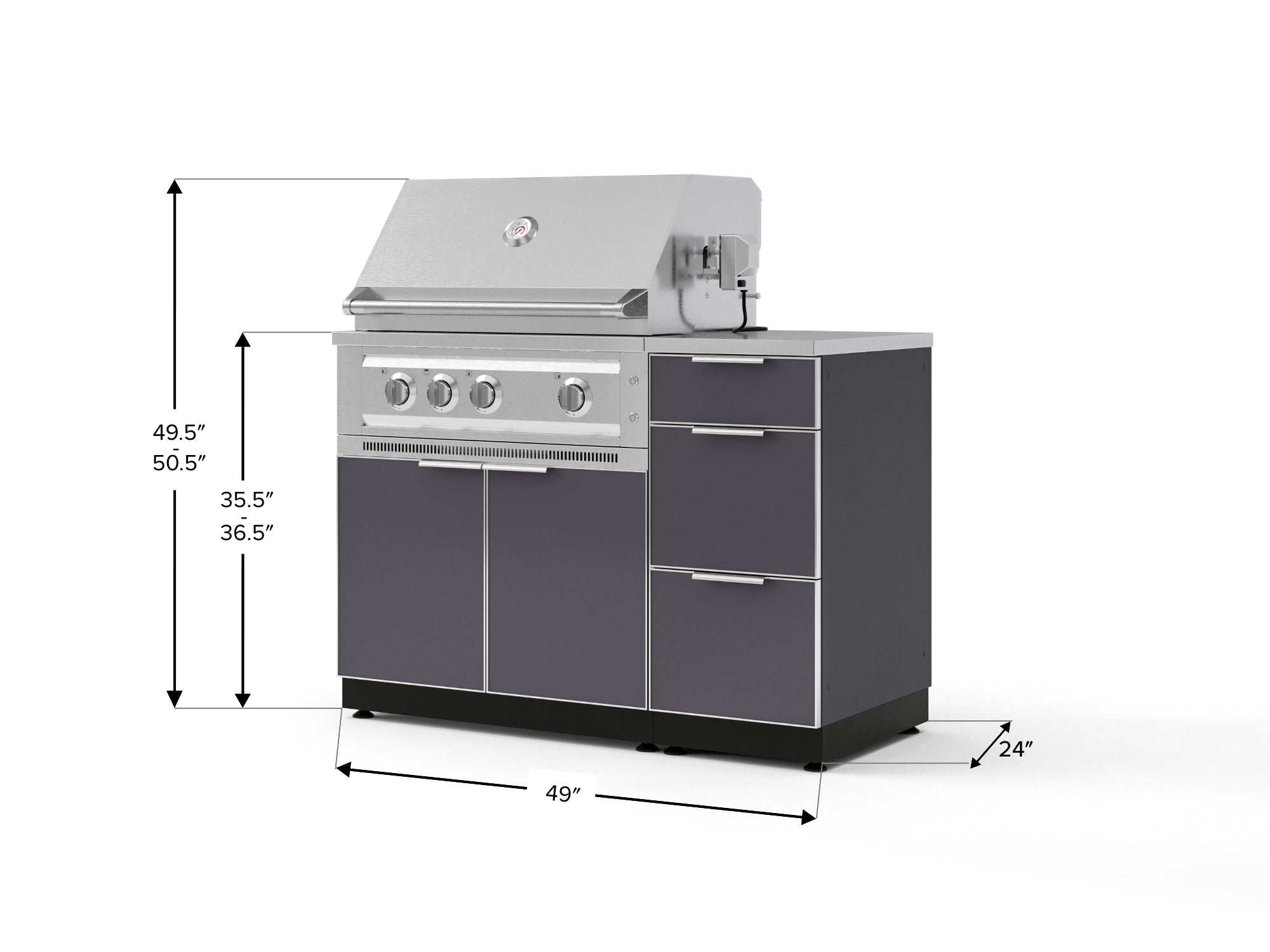 Outdoor Grill Island Aluminum 4 Piece Cabinet Set with 3-Drawer, Grill Cabinet, Platinum Grill and Countertop