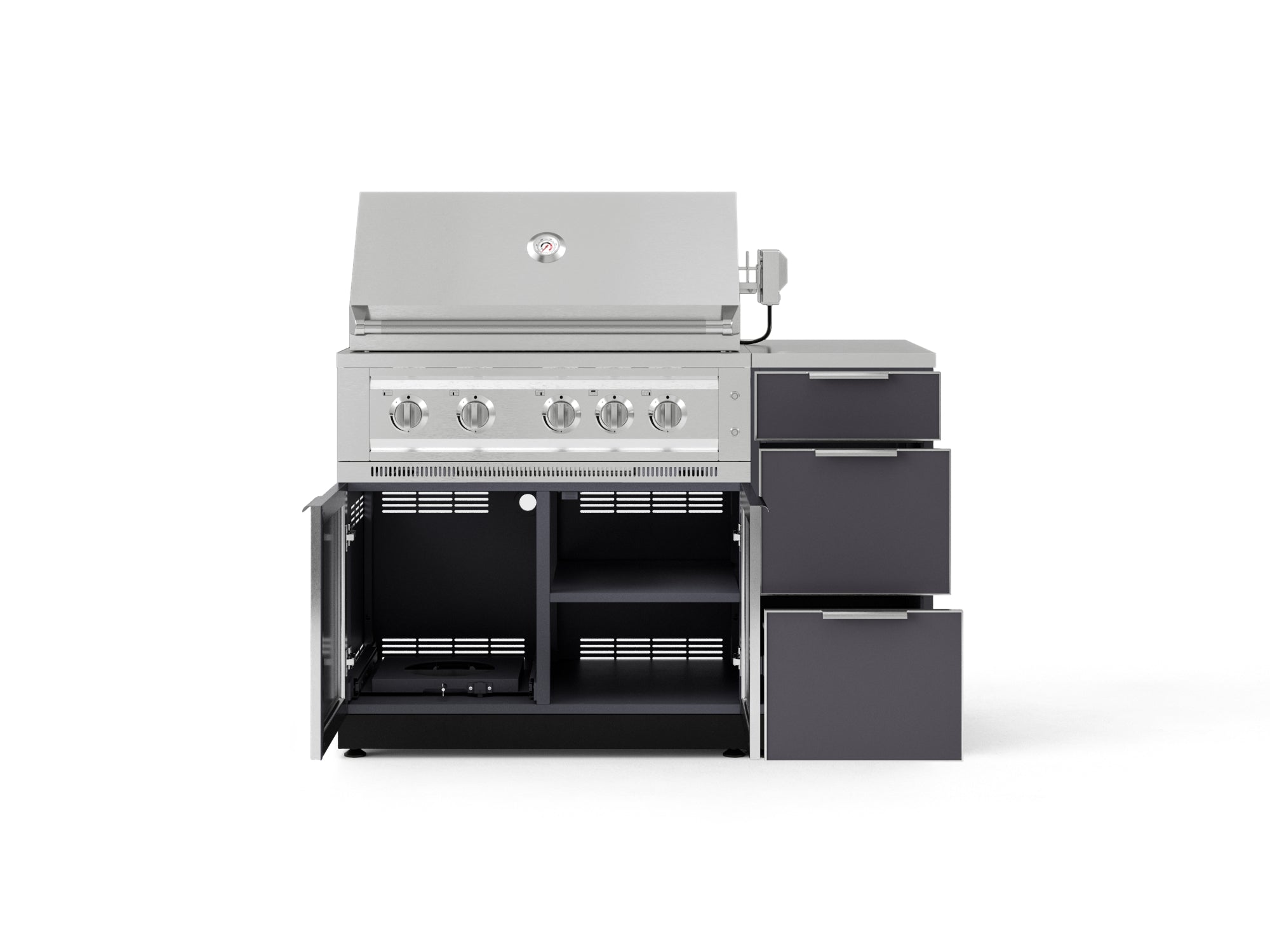 Outdoor Grill Island Aluminum 4 Piece Cabinet Set with 3-Drawer, Grill Cabinet, Platinum Grill and Countertop