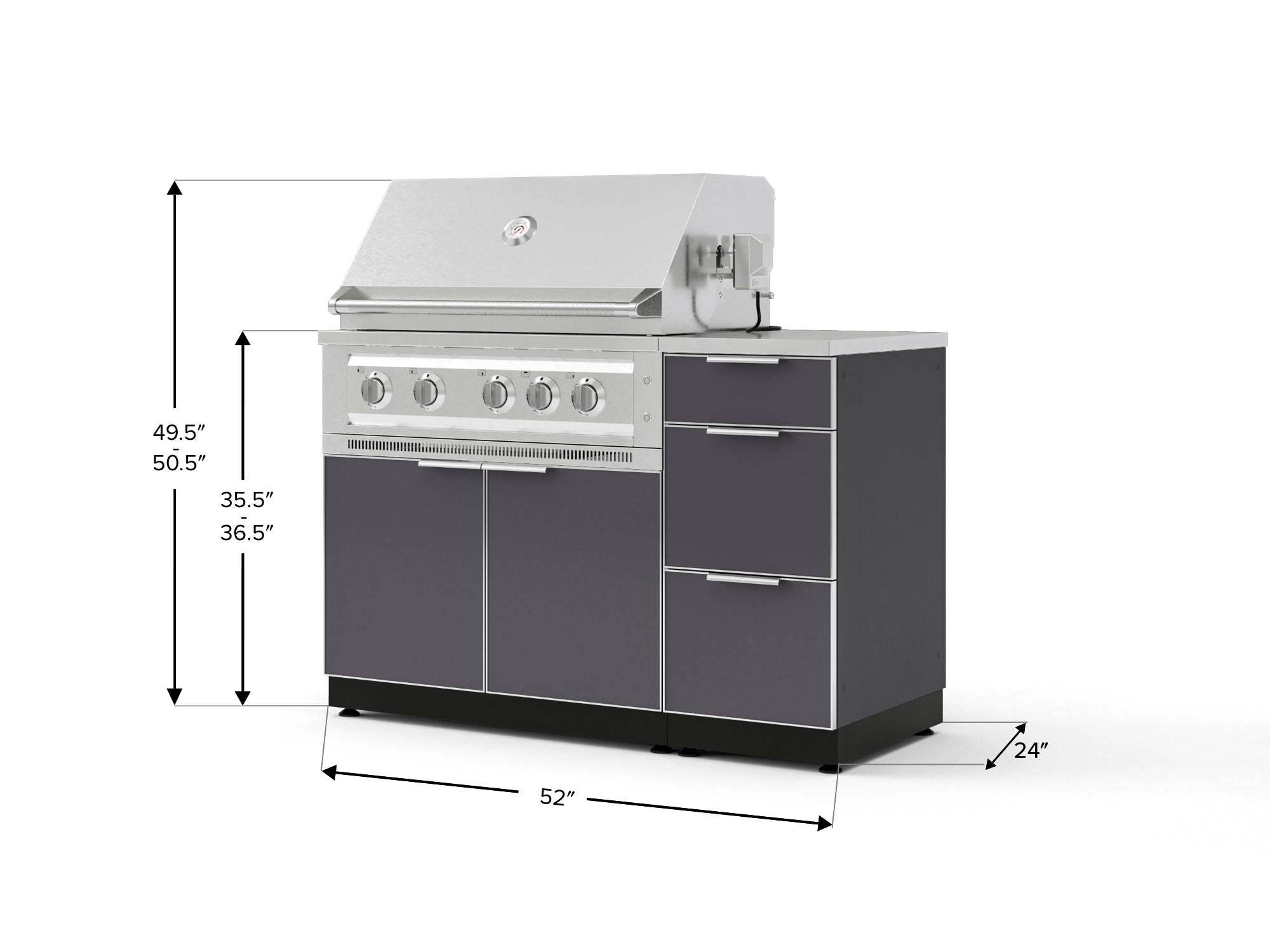 Outdoor Grill Island Aluminum 4 Piece Cabinet Set with 3-Drawer, Grill Cabinet, Platinum Grill and Countertop