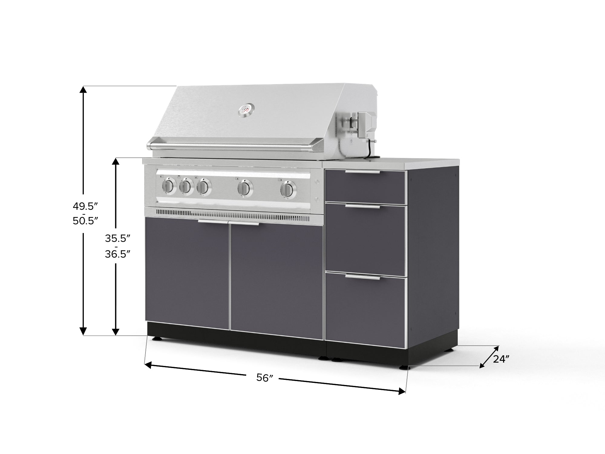 Outdoor Grill Island Aluminum 4 Piece Cabinet Set with 3-Drawer, Grill Cabinet, Platinum Grill and Countertop